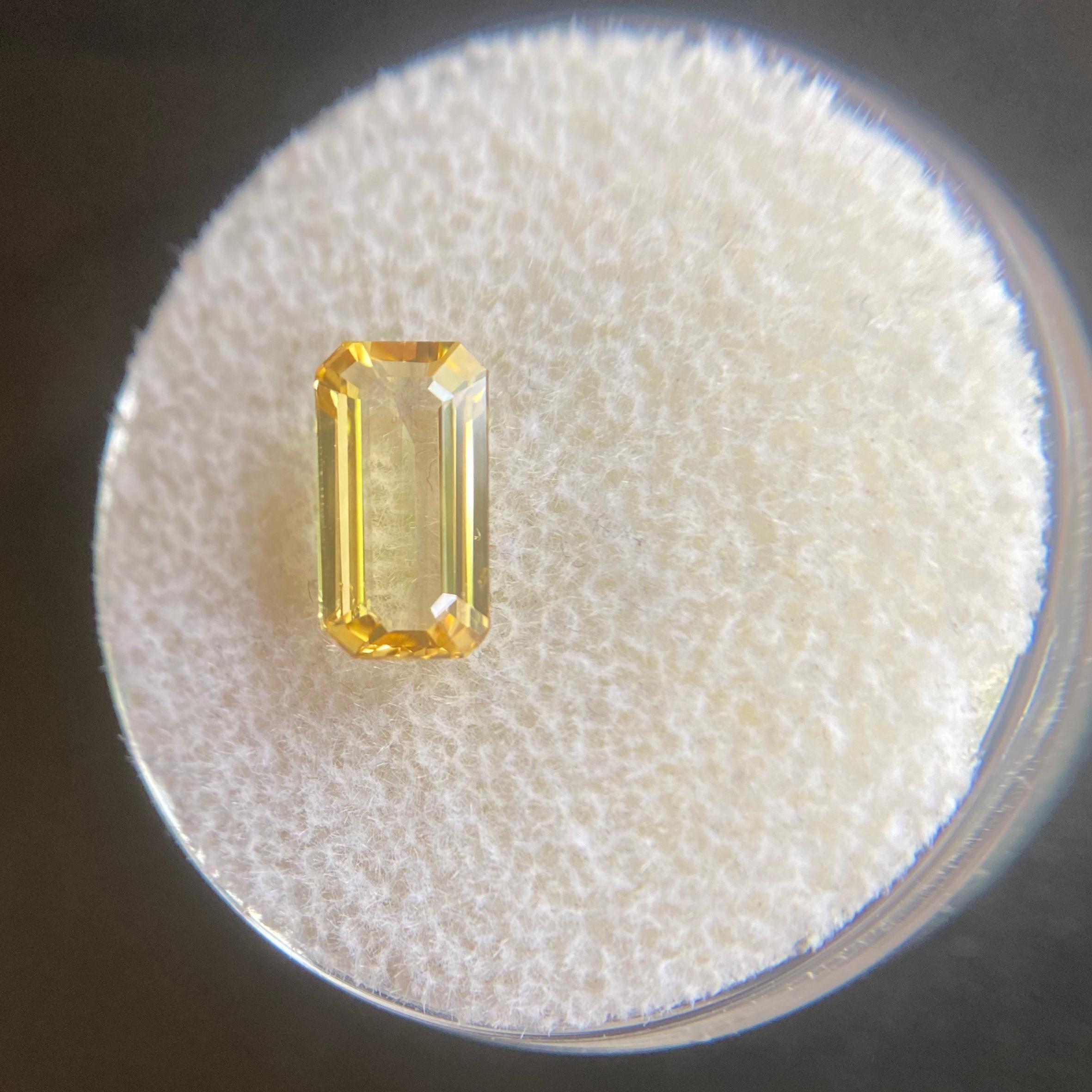 Natural Loose Ceylon Yellow Sapphire.
1.31 carat stone, with an excellent emerald cut and a bright vivid yellow colour. 

Fully certified by IGI in Antwerp, one of their best and most well equipped gem labs.
The sapphire has excellent clarity with