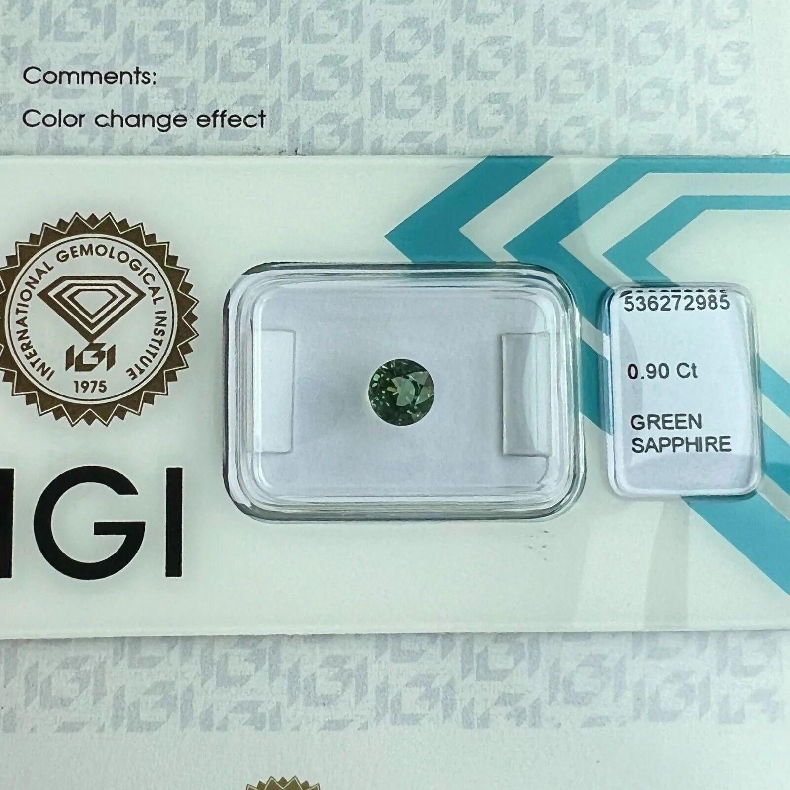 IGI Certified Colour Change Green Sapphire 0.90ct Untreated Round Cut Unheated For Sale 5