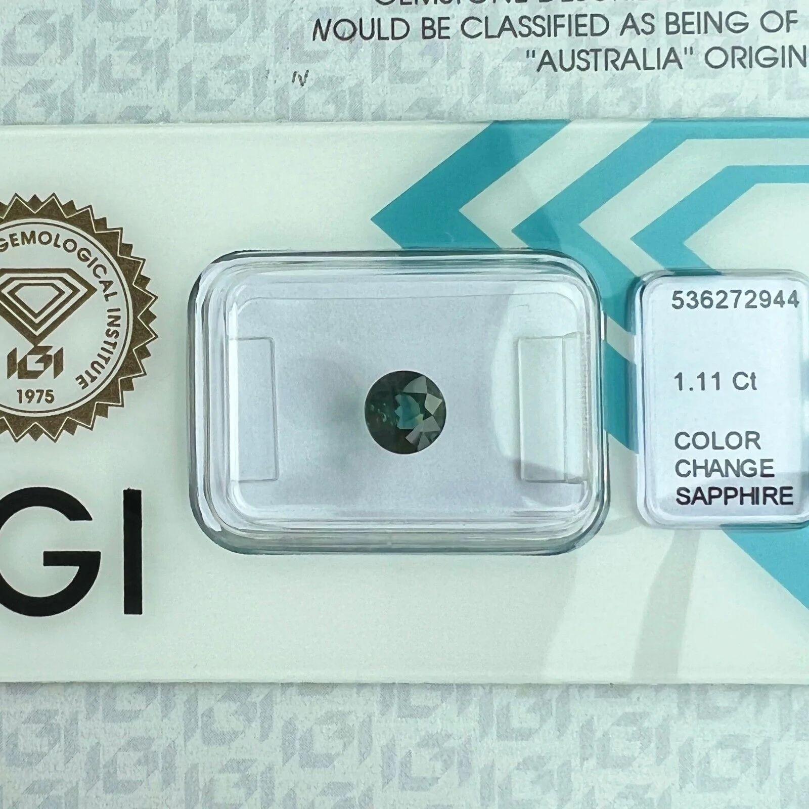 IGI Certified Color Change Sapphire 1.11ct Untreated Round Cut Unheated Rare For Sale 1