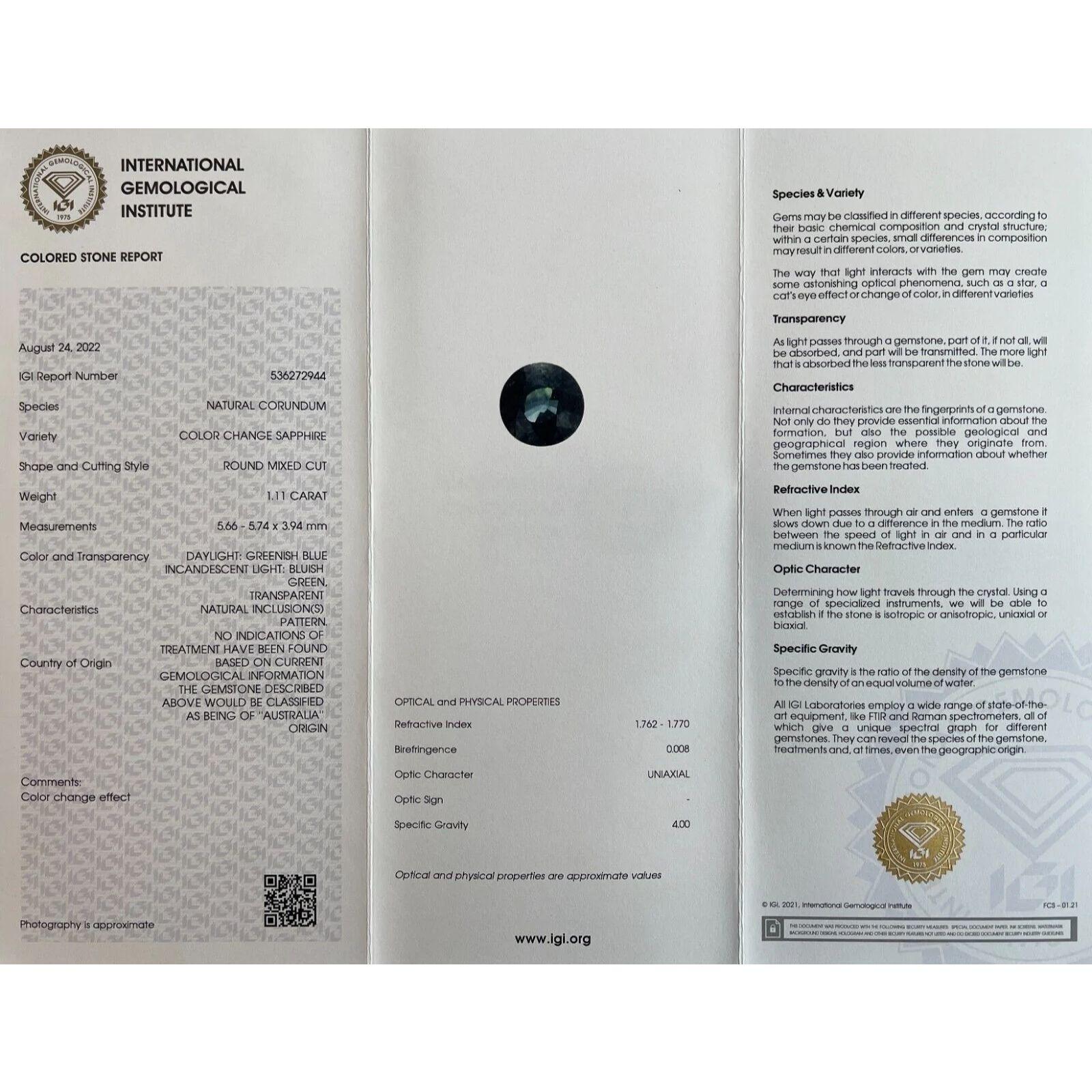 Saphir à couleur changeante certifié IGI de 1,11 carat, taille ronde non traitée et non chauffée, rare en vente 3