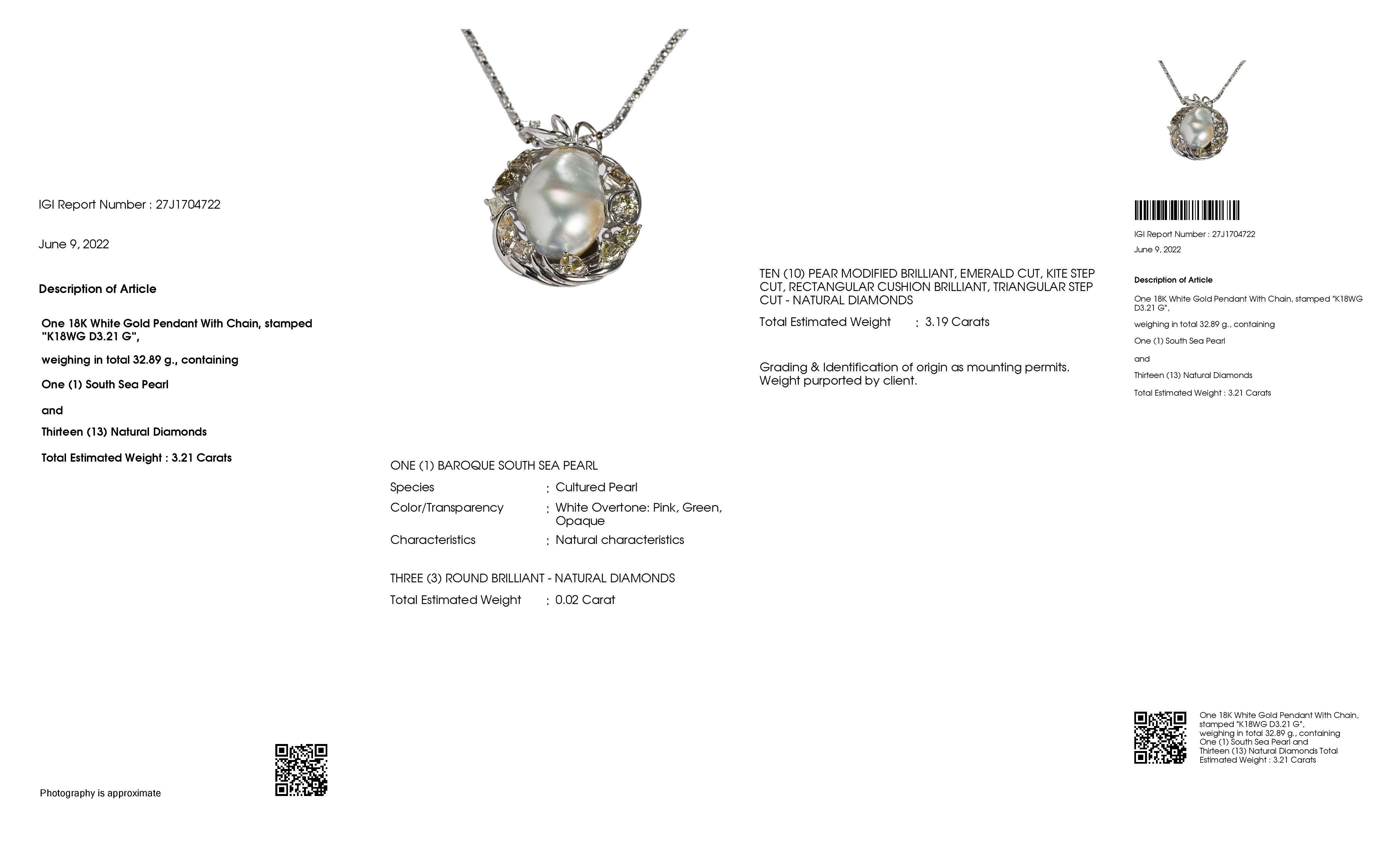 IGI Certified Cultured Pearl 3.21ct Natural Diamonds 18K White Gold Necklace In New Condition For Sale In Hong Kong, HK
