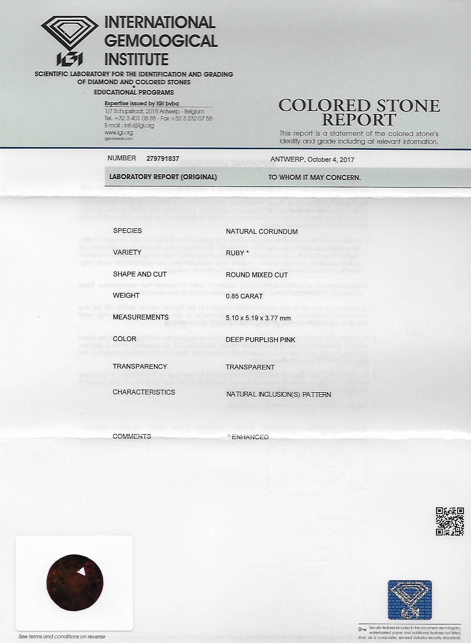 IGI Certified Deep Red Round Cut Ruby ‘Tiffany Style’ Solitaire Gold Ring 1