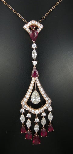 IGI Certified Diamond and Ruby Victorian Style Drop Necklace