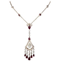 IGI Certified Diamond and Ruby Victorian Style Drop Necklace