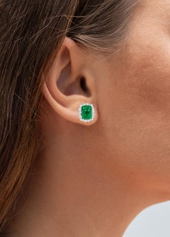 IGI Certified Emerald Stud Earrings Diamond Halo 4.49 Carats 18K Gold