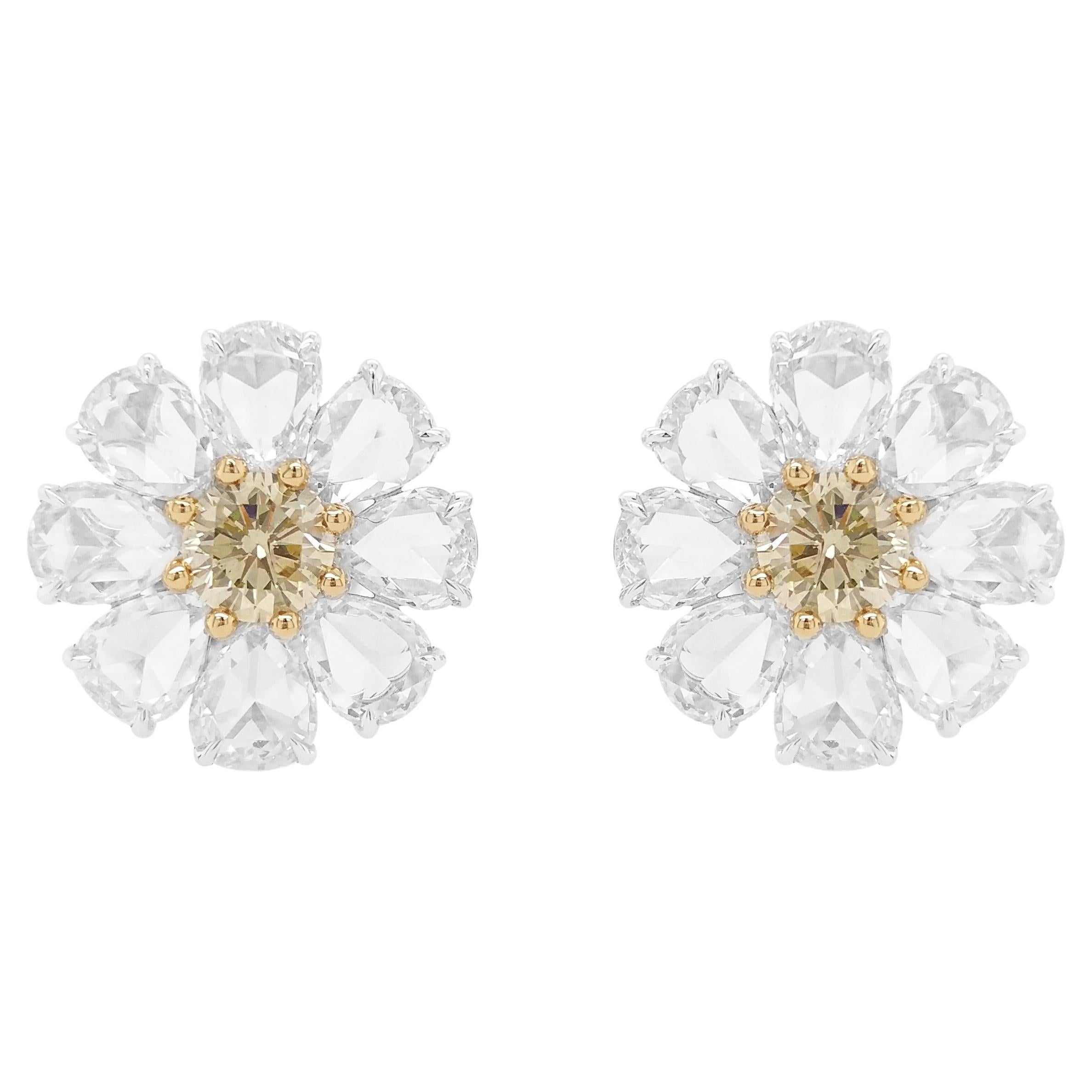 IGI Certified Fancy Yellow Diamond 18k Gold Floral Earrings For Sale
