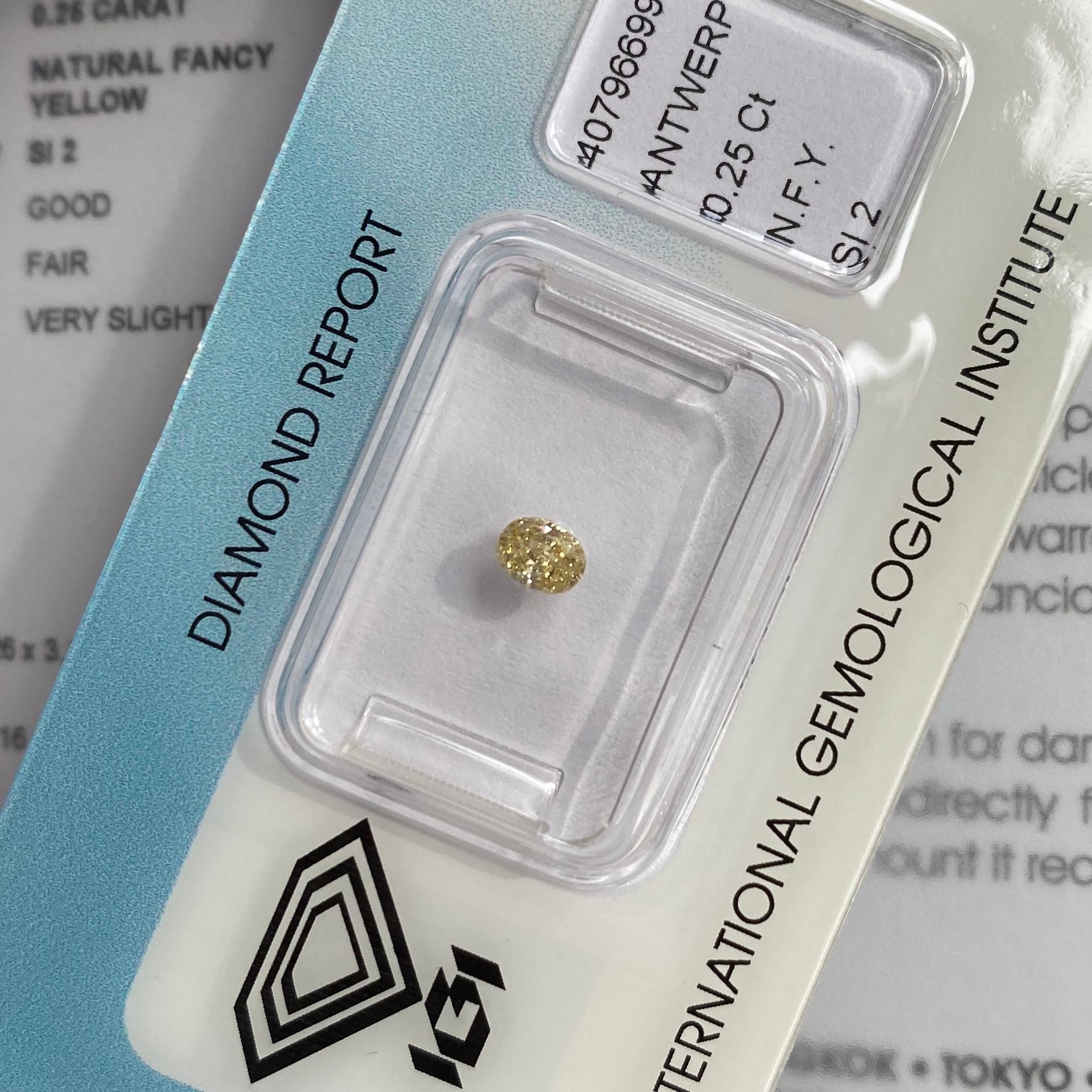 Natural Fancy Yellow loose diamond. Untreated with rare and natural Fancy yellow colour.

The colour on this stone is stunning, a bright fancy yellow colour. It also has a good oval cut which shows lots of light return and sparkle.

Si2 clarity so