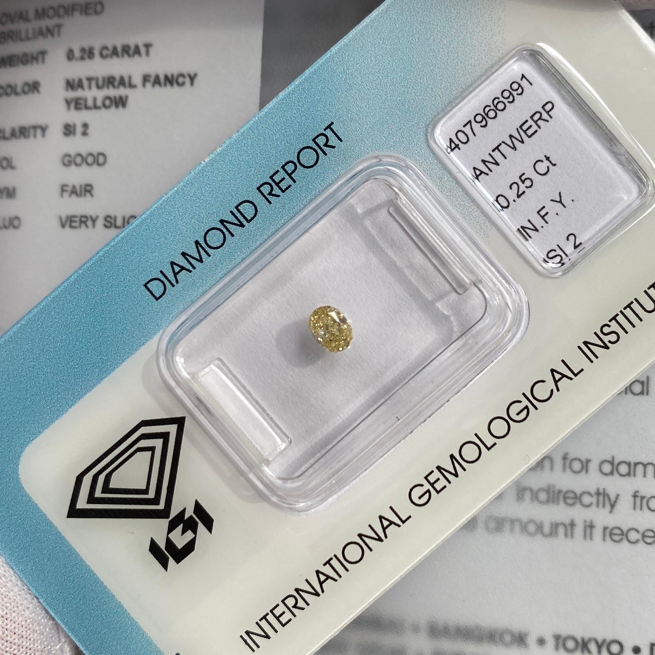 IGI Certified Fancy Yellow Diamond Untreated 0.25 Carat Oval Cut Sealed Blister In New Condition In Birmingham, GB