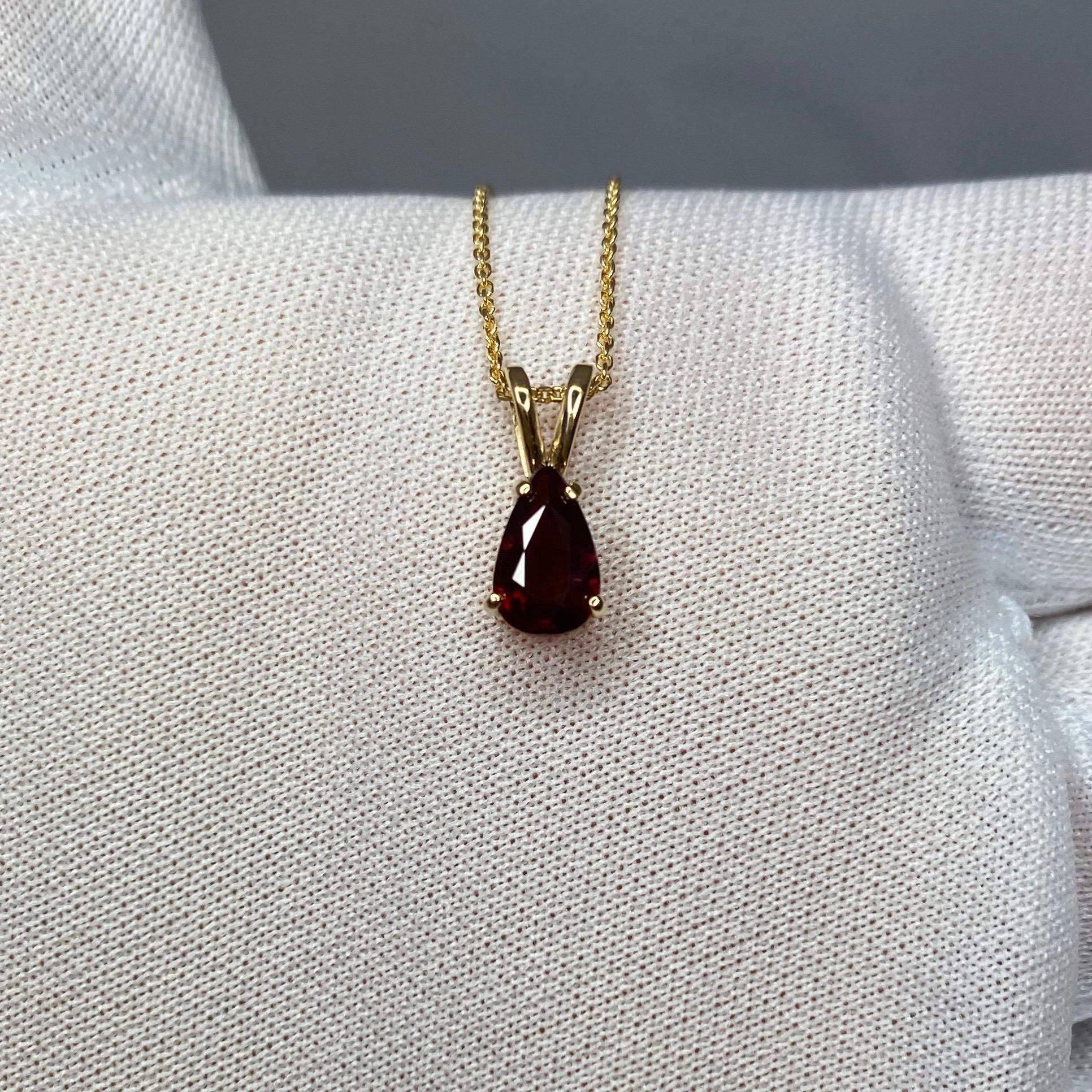 Beautiful natural deep purplish red ruby.
Set in a fine 14k yellow gold solitaire pendant.

Fully certified by IGI Antwerp confirming the stone as natural and describing its colour as 'Fine Quality'.

0.79ct ruby with a deep purplish red colour.