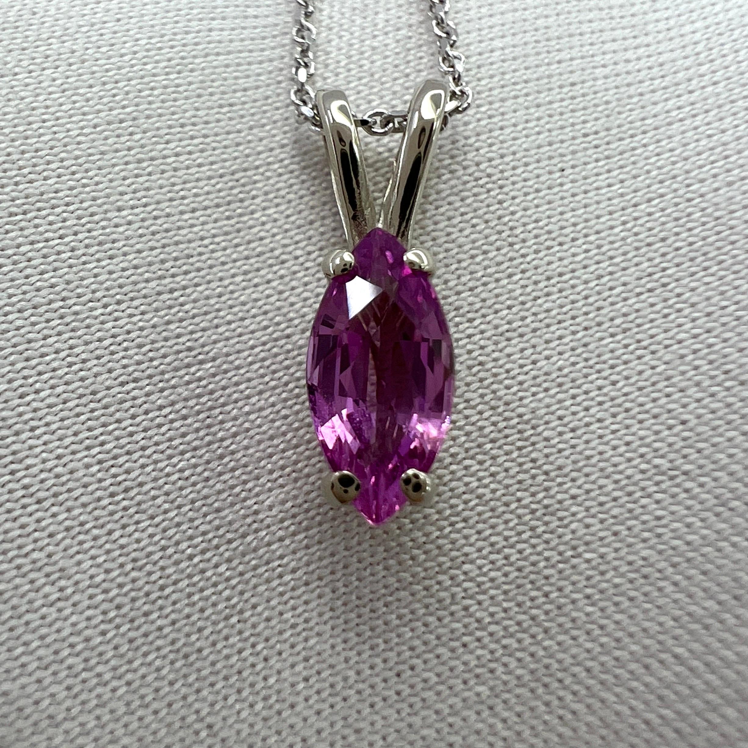 Fine Vivid Pink Sapphire 14k White Gold Solitaire Pendant Necklace.

0.66 Carat vivid pink sapphire with an excellent marquise/navette cut and excellent clarity, very clean gem.

Fully certified by IGI Antwerp confirming sapphire as untreated and