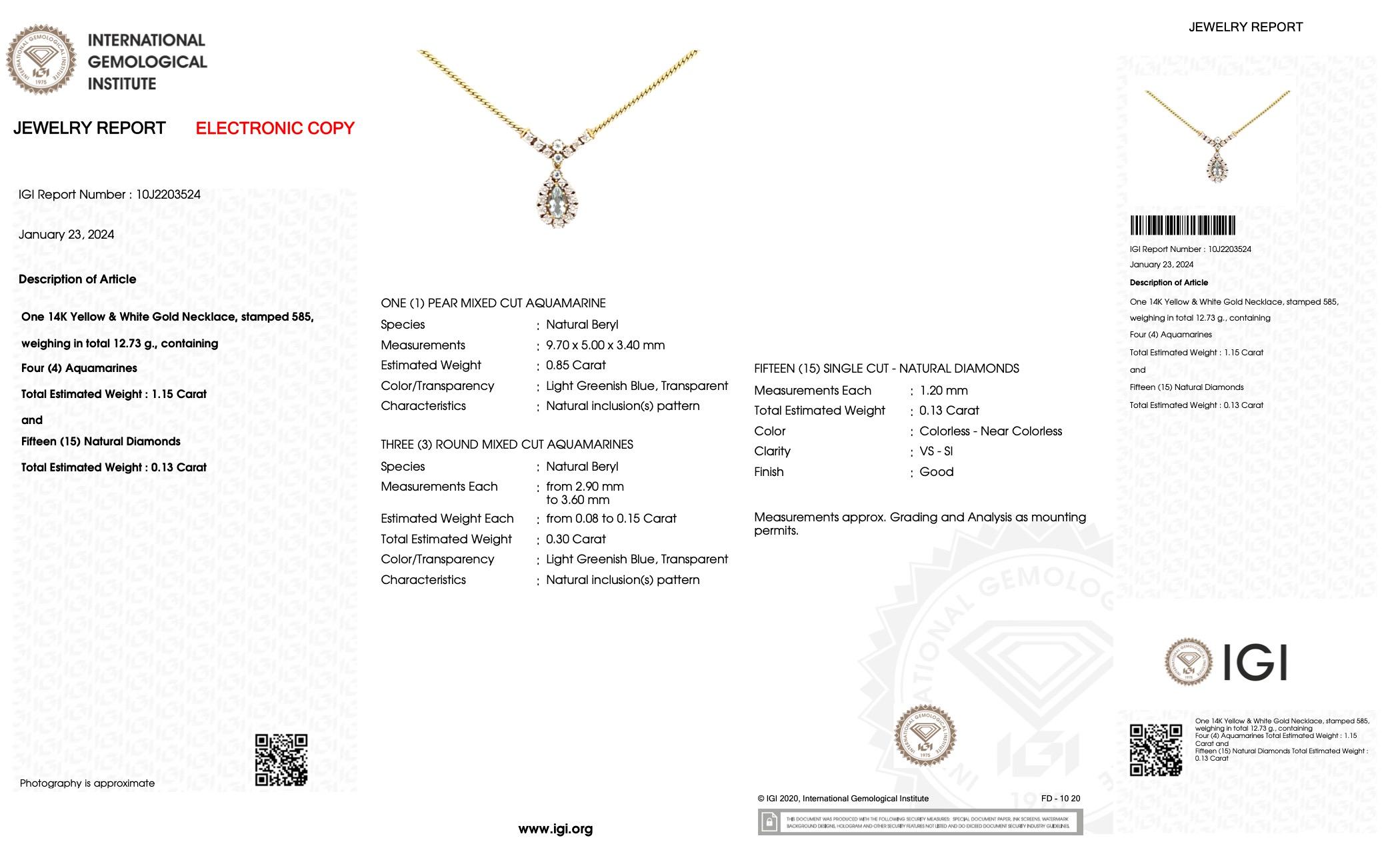 IGI Certified Gold Necklace with Diamonds and Aquamarines For Sale 5