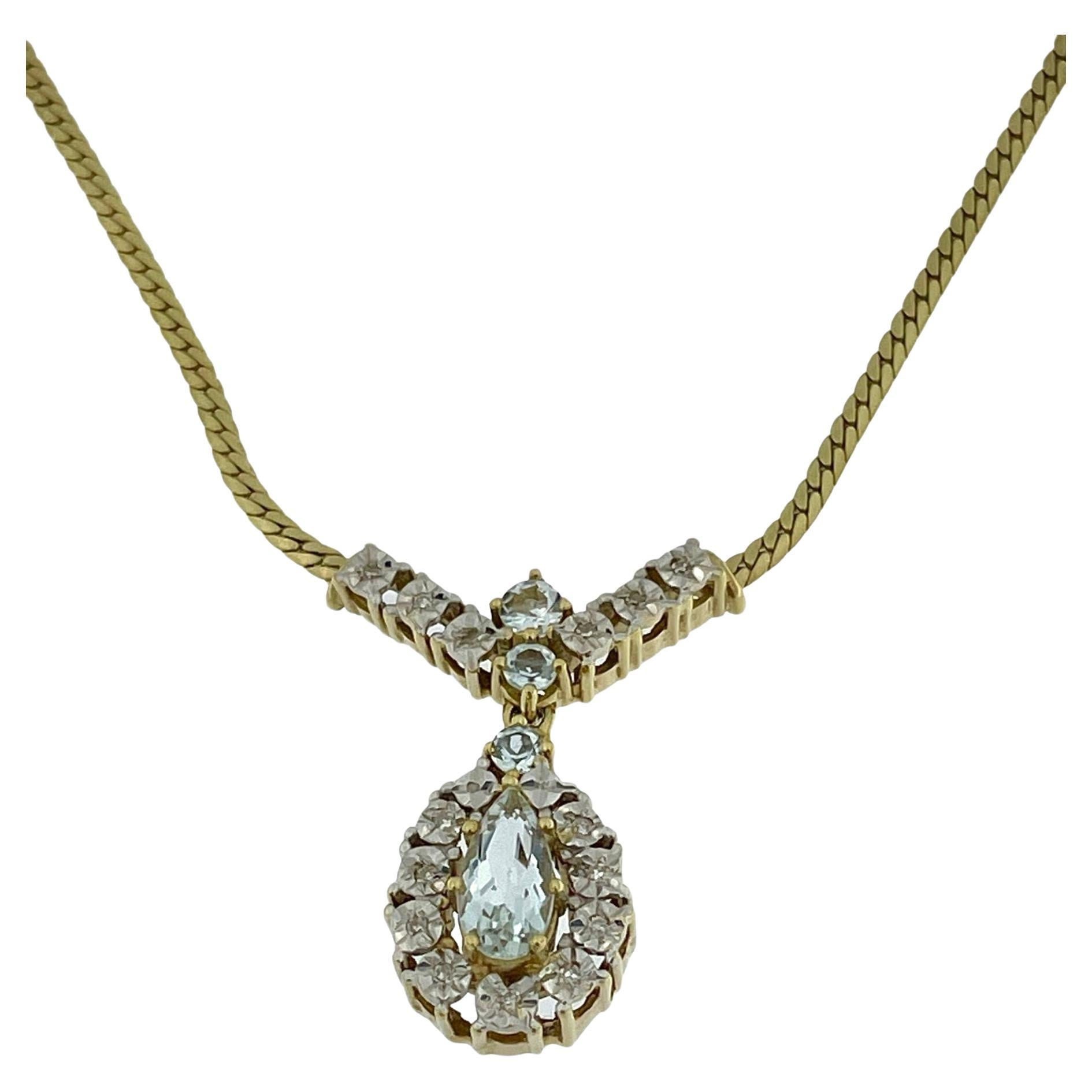 IGI Certified Gold Necklace with Diamonds and Aquamarines For Sale