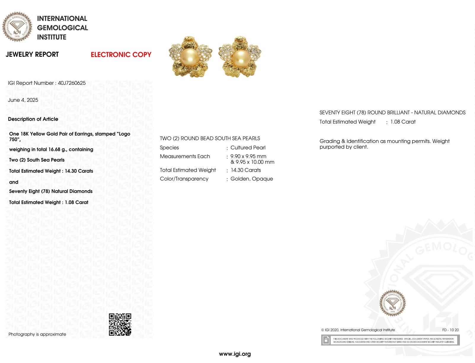 IGI-zertifizierte goldene Südseeperlen und Diamant-Ohrringe aus 18 Karat Gelbgold (Moderne) im Angebot