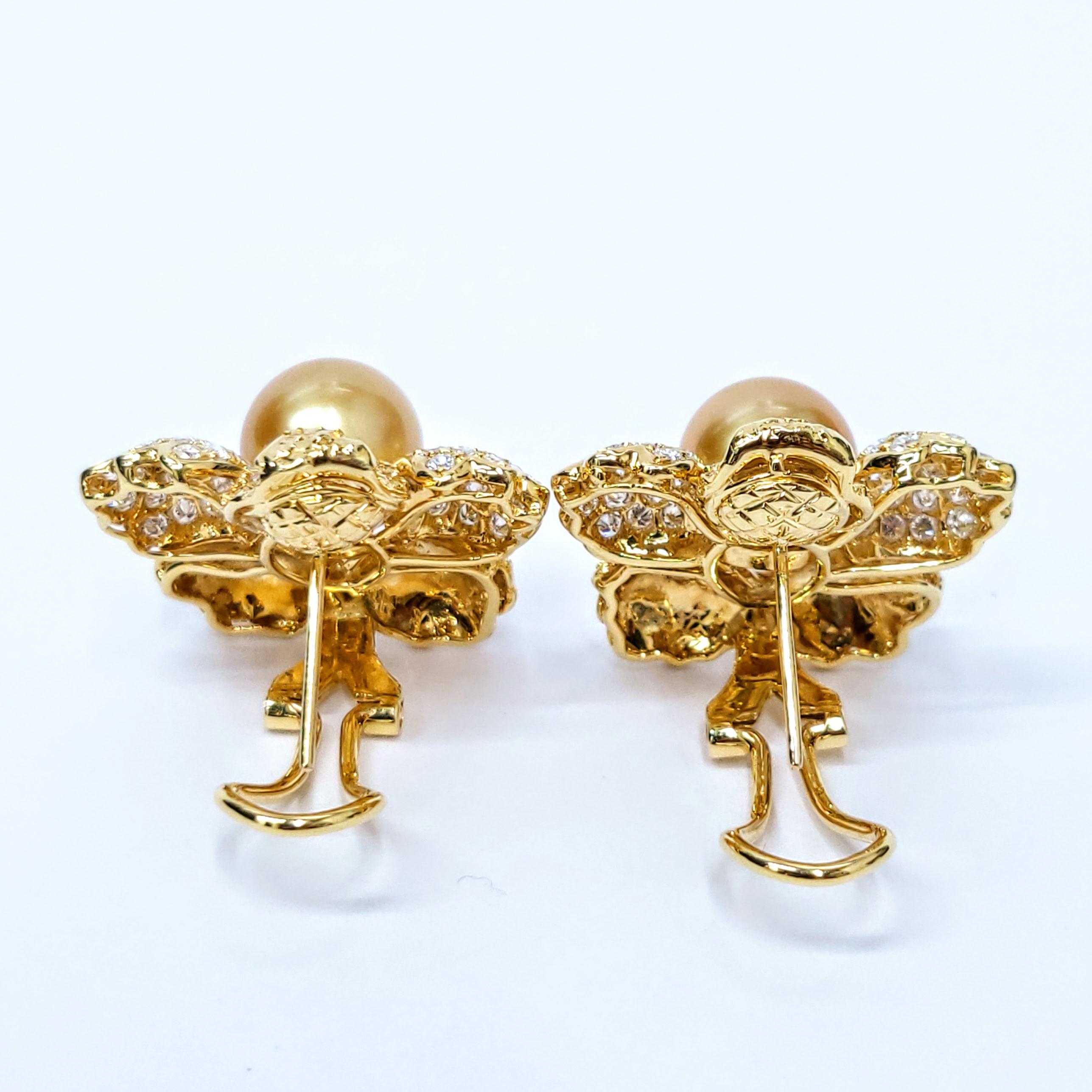 IGI-zertifizierte goldene Südseeperlen und Diamant-Ohrringe aus 18 Karat Gelbgold im Angebot 3