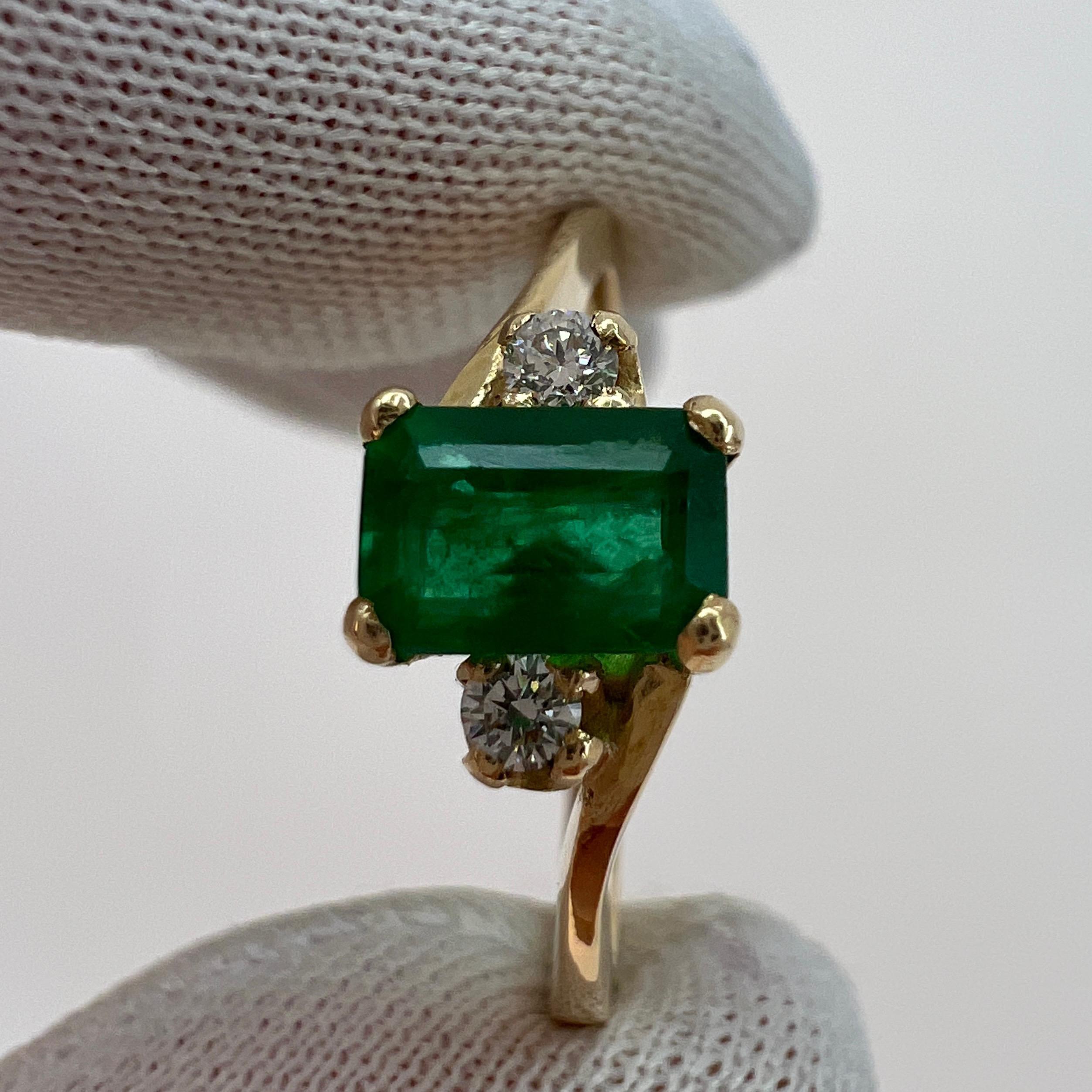 Emerald Cut IGI Certified Green Emerald and Diamond Three-Stone Trilogy Yellow Gold Ring