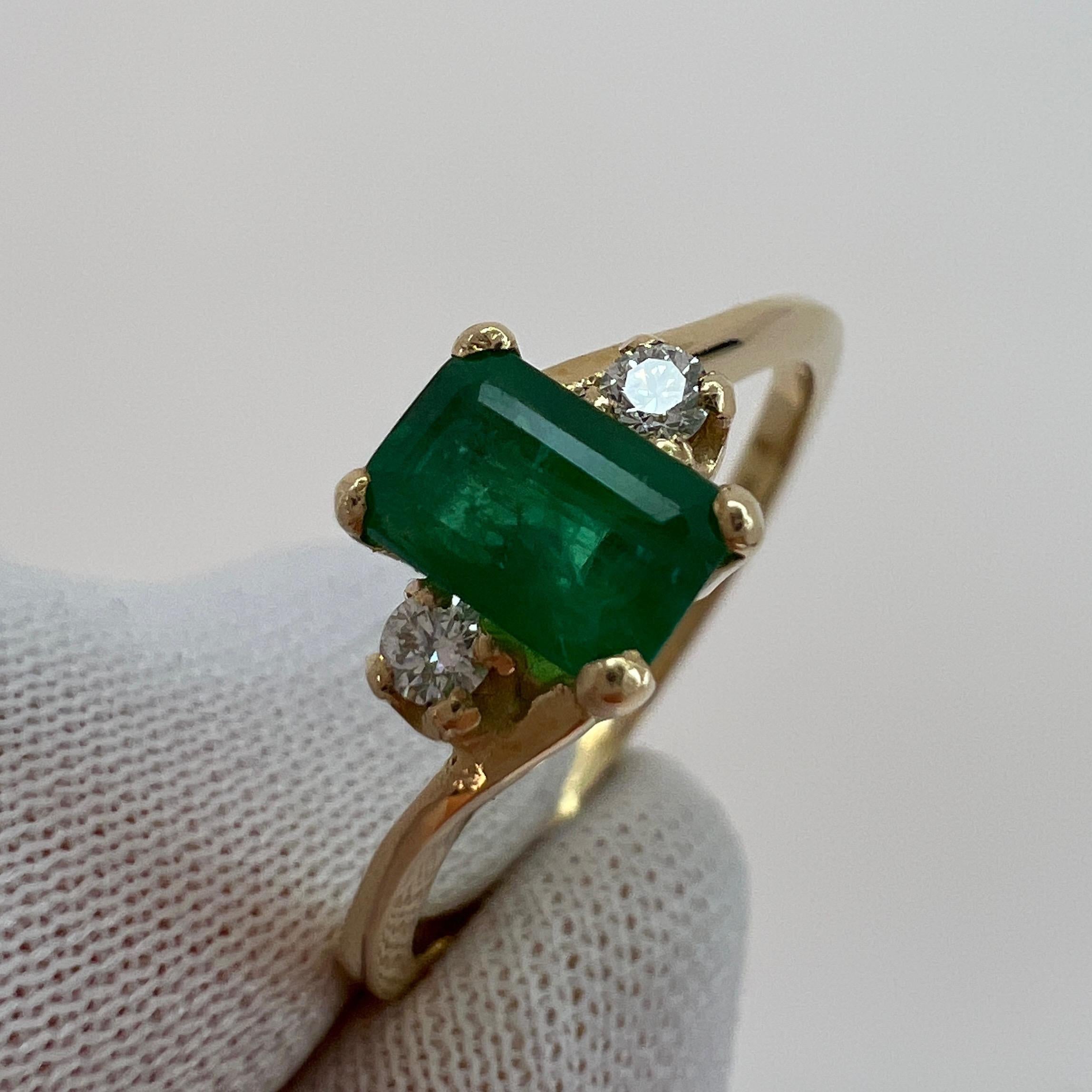 Women's or Men's IGI Certified Green Emerald and Diamond Three-Stone Trilogy Yellow Gold Ring