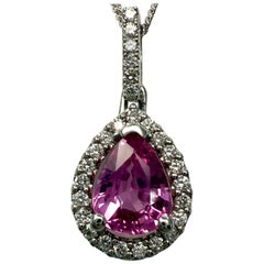 IGI Certified Hot Pink Pear Cut Thai Sapphire & Diamond Platinum Halo Pendant