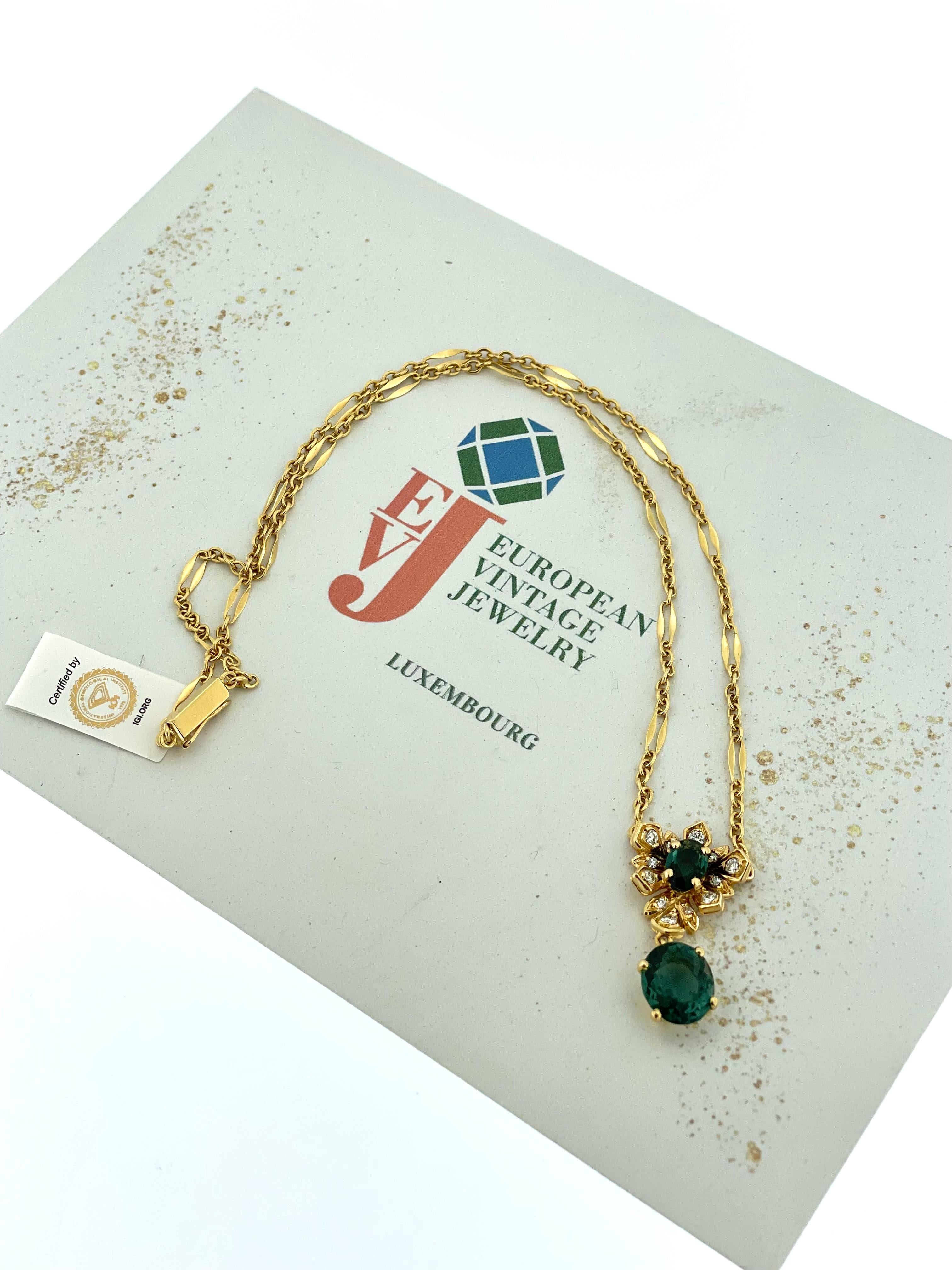 IGI-zertifizierter Indicolith Turmalin und Diamanten Gelbgold Halskette im Angebot 4