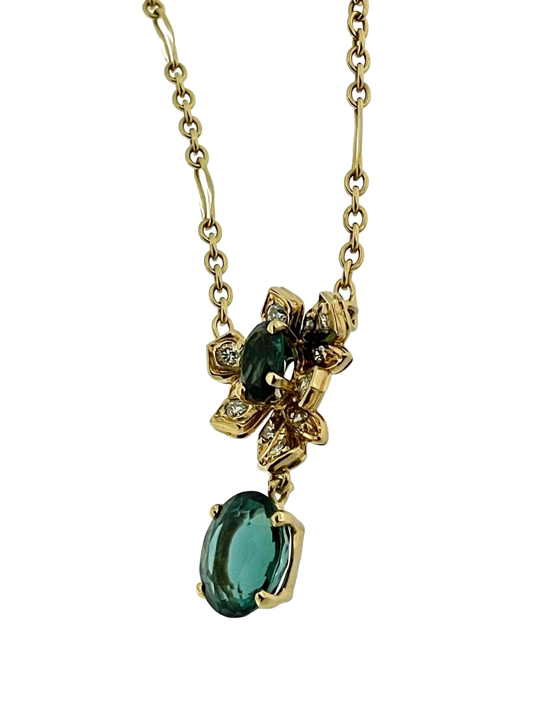 IGI-zertifizierter Indicolith Turmalin und Diamanten Gelbgold Halskette (Kunsthandwerker*in) im Angebot