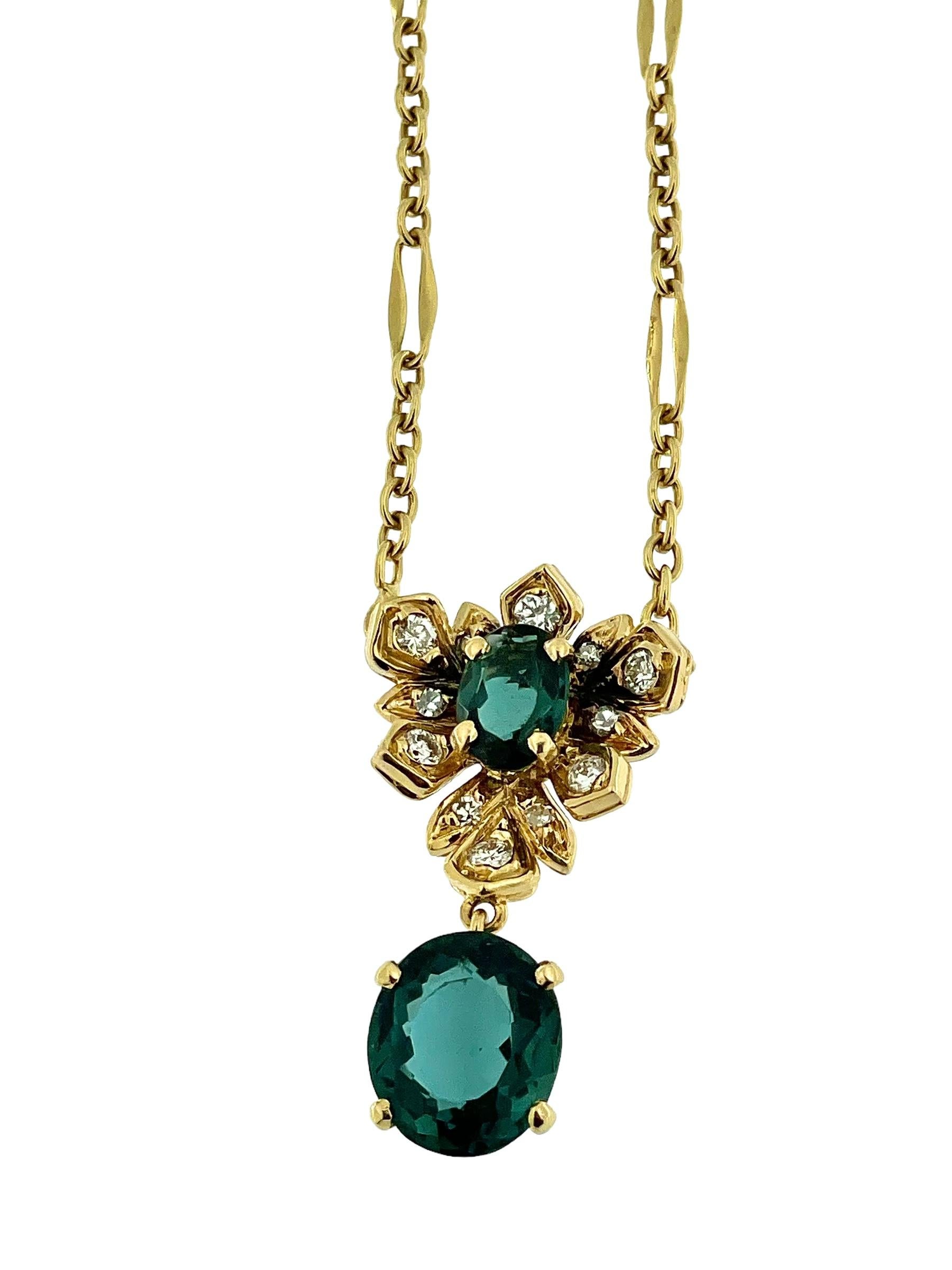 IGI-zertifizierter Indicolith Turmalin und Diamanten Gelbgold Halskette Damen im Angebot