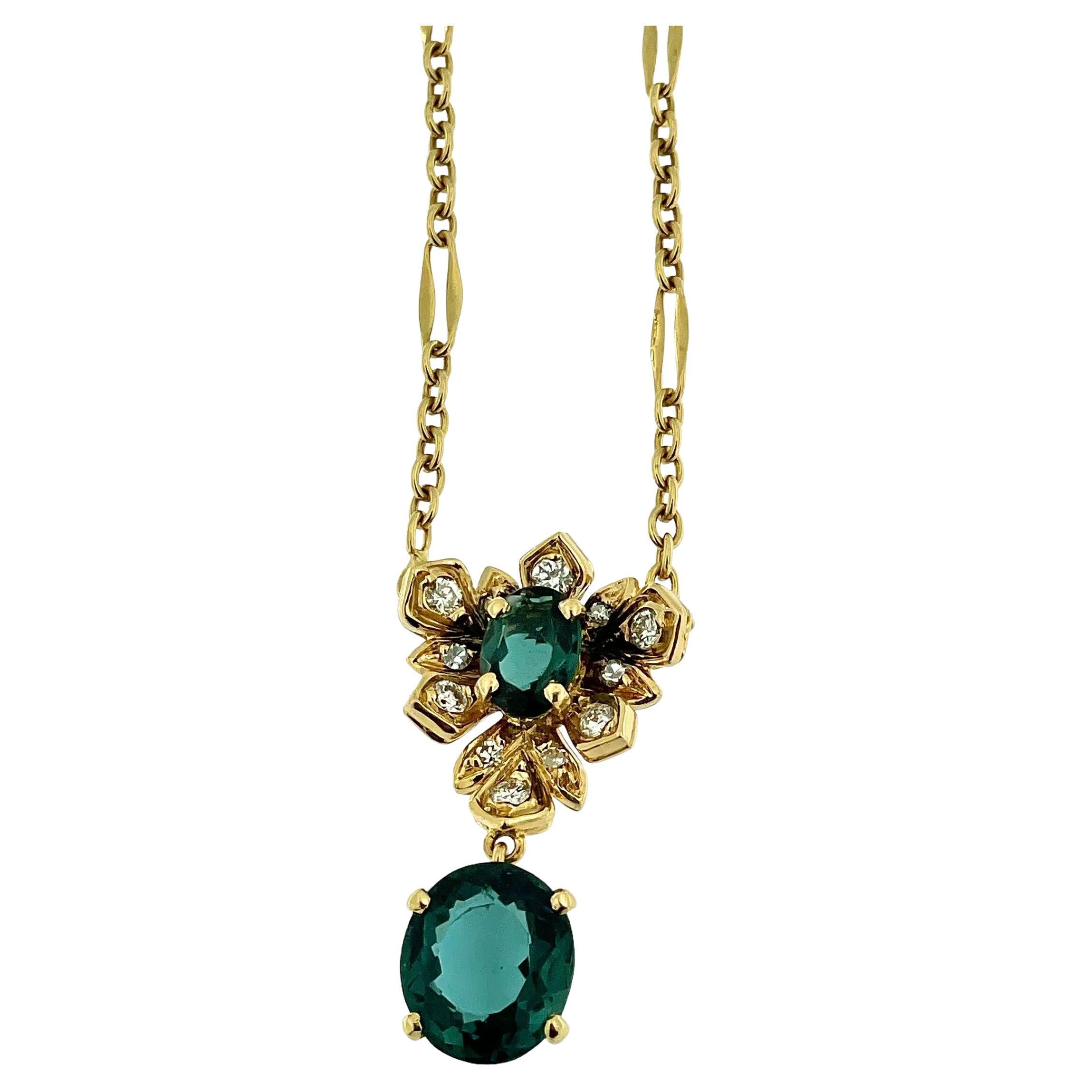 IGI Certified Indicolite Tourmaline and Diamonds Yellow Gold Necklace