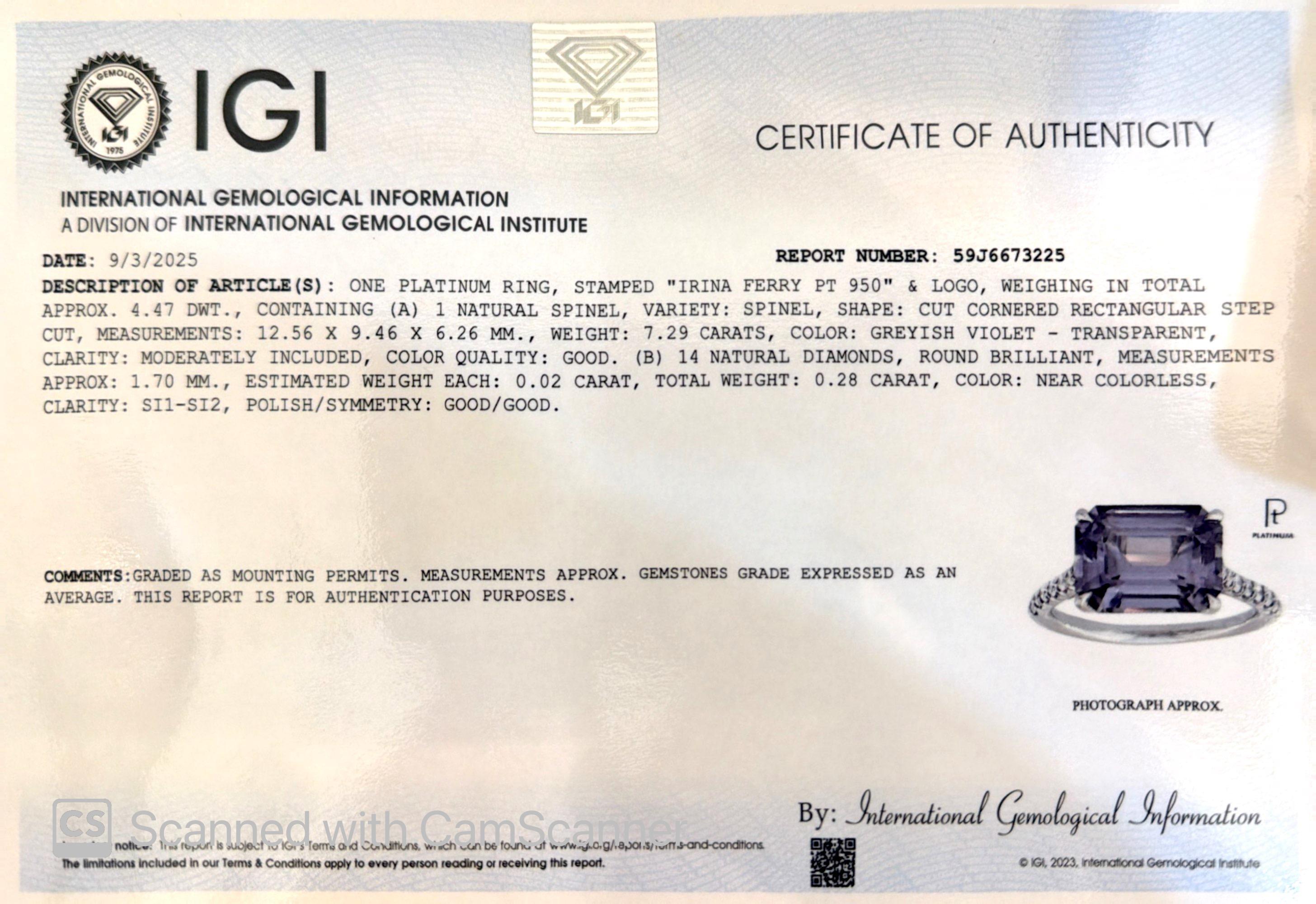 IGI Certified Irina Ferry Violet Spinel Diamond Platinum Designer Ring For Sale 13