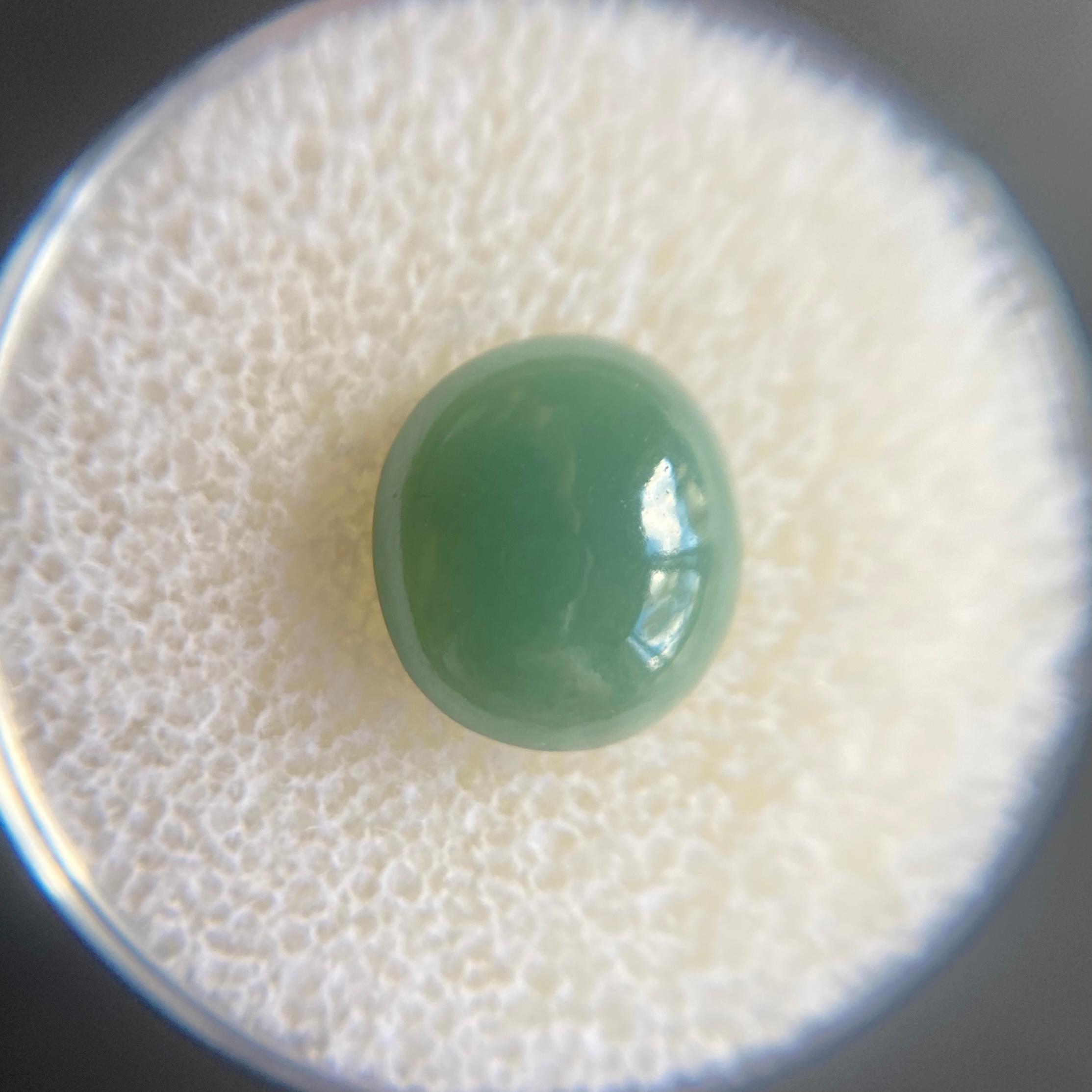 Natural A Grade Jadeite Gemstone.

3.41 Carat with an excellent oval cabochon cut. Fully certified and by IGI in Antwerp.

Totally untreated Jadeite jade, referred to as ‘A’ grade in the trade. Mined in Burma, source of the finest jade.

No nicks or