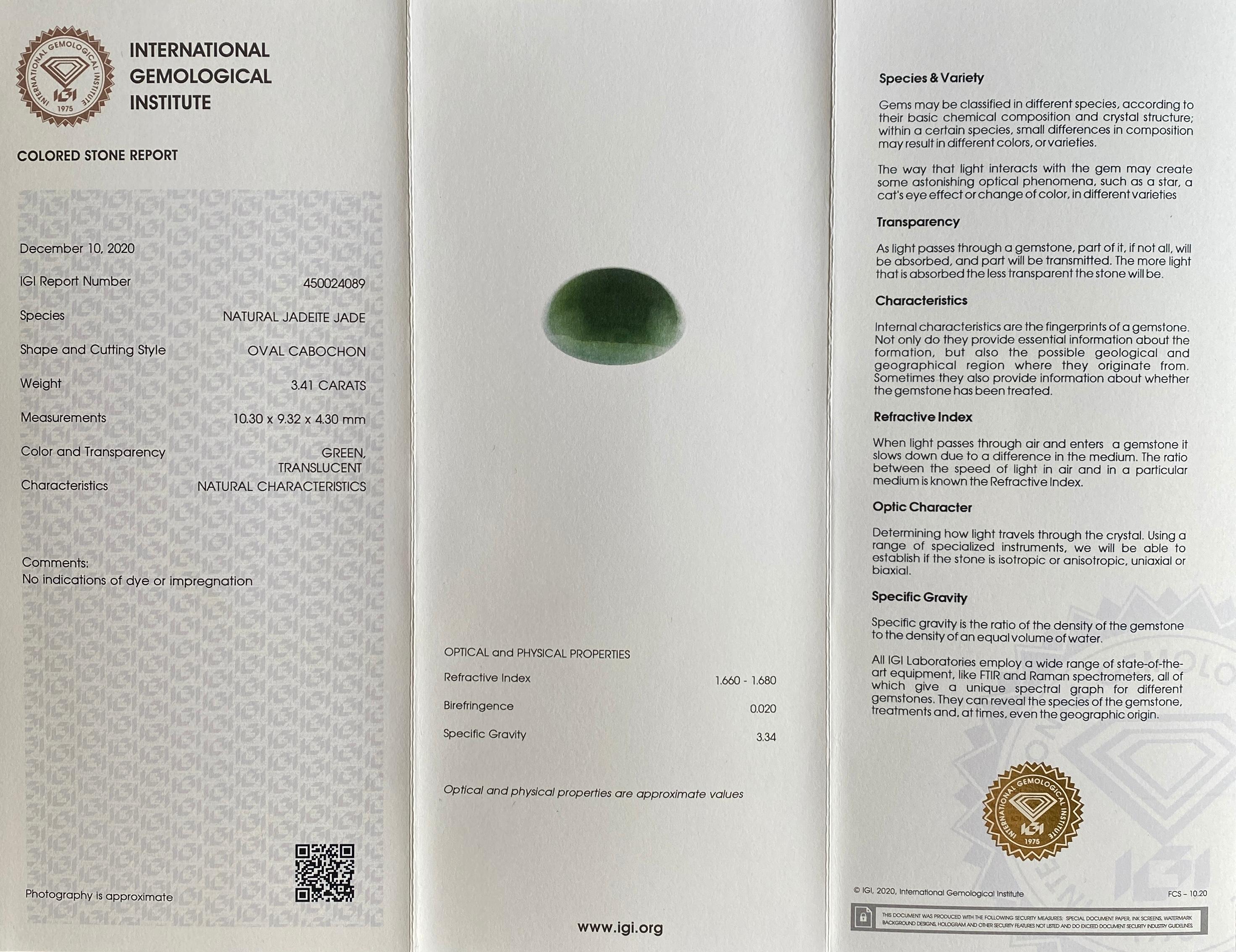 Oval Cut IGI Certified Jadeite Jade ‘A’ Grade 3.41ct Green Oval Cabochon Rare Loose Gem