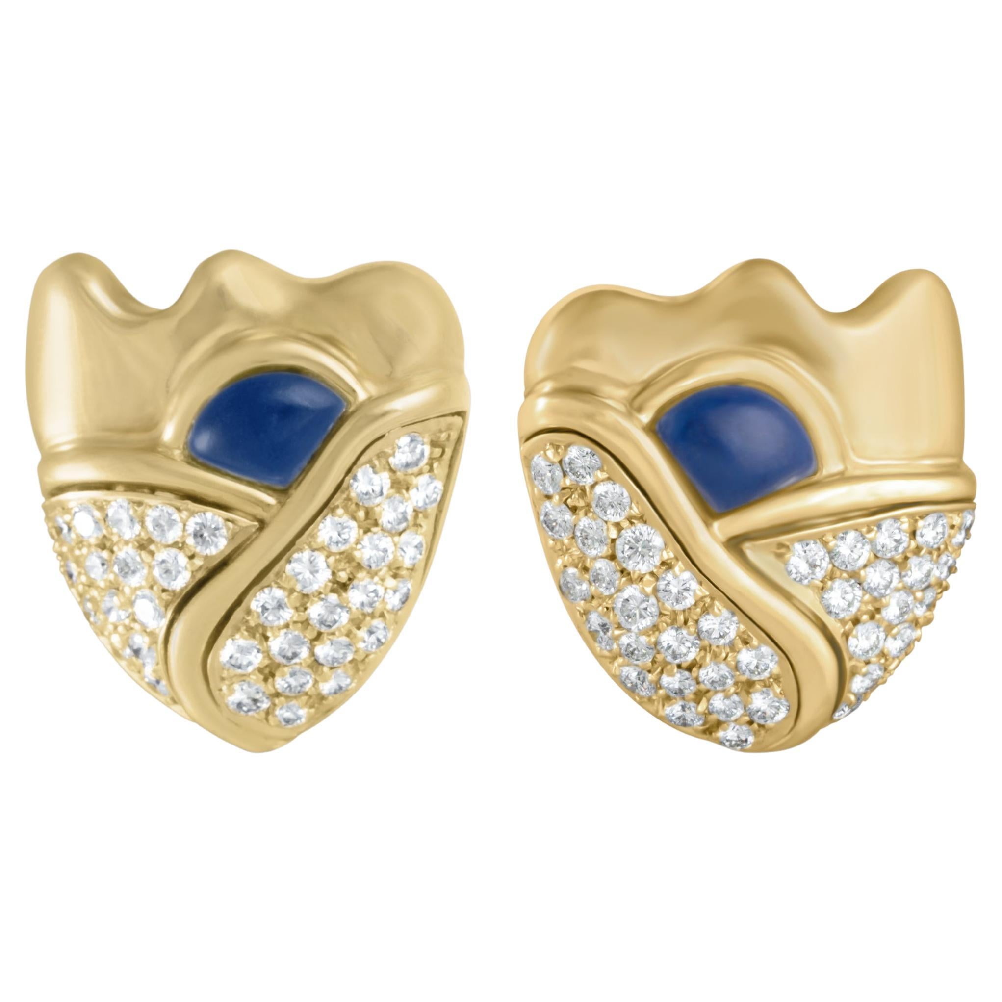 IGI Certified Lily of the Valley Gold & Diamond Flower Stud Earrings with Lapis For Sale