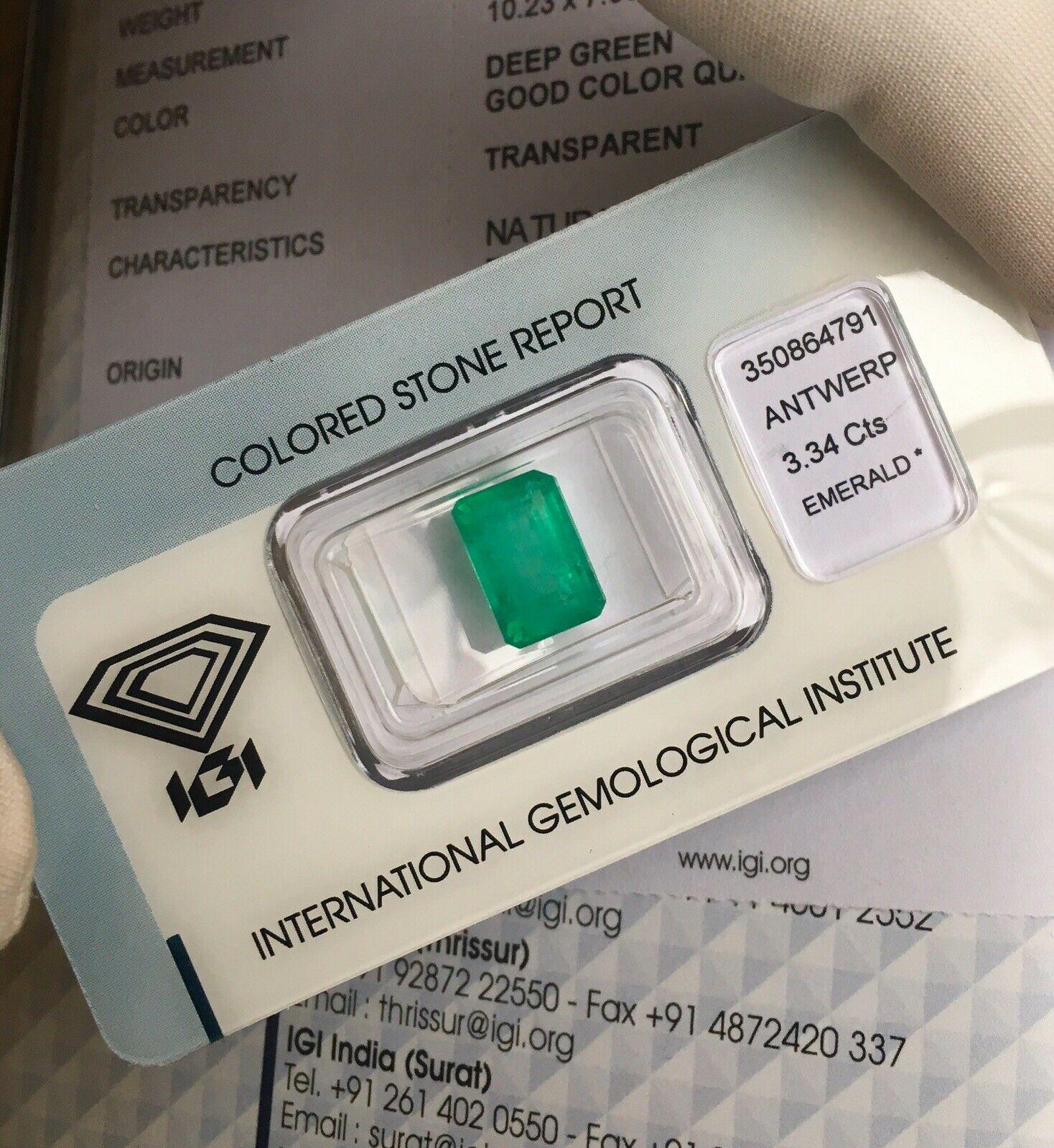 IGI Certified Loose Colombian Emerald 3.34 Carat Emerald Cut Deep Green Gem In New Condition In Birmingham, GB