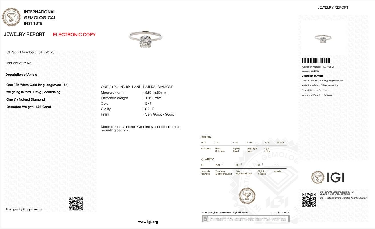 Anillo solitario de compromiso con diamante natural certificado IGI de 1,05 ct en oro blanco de 18 quilates en venta 7