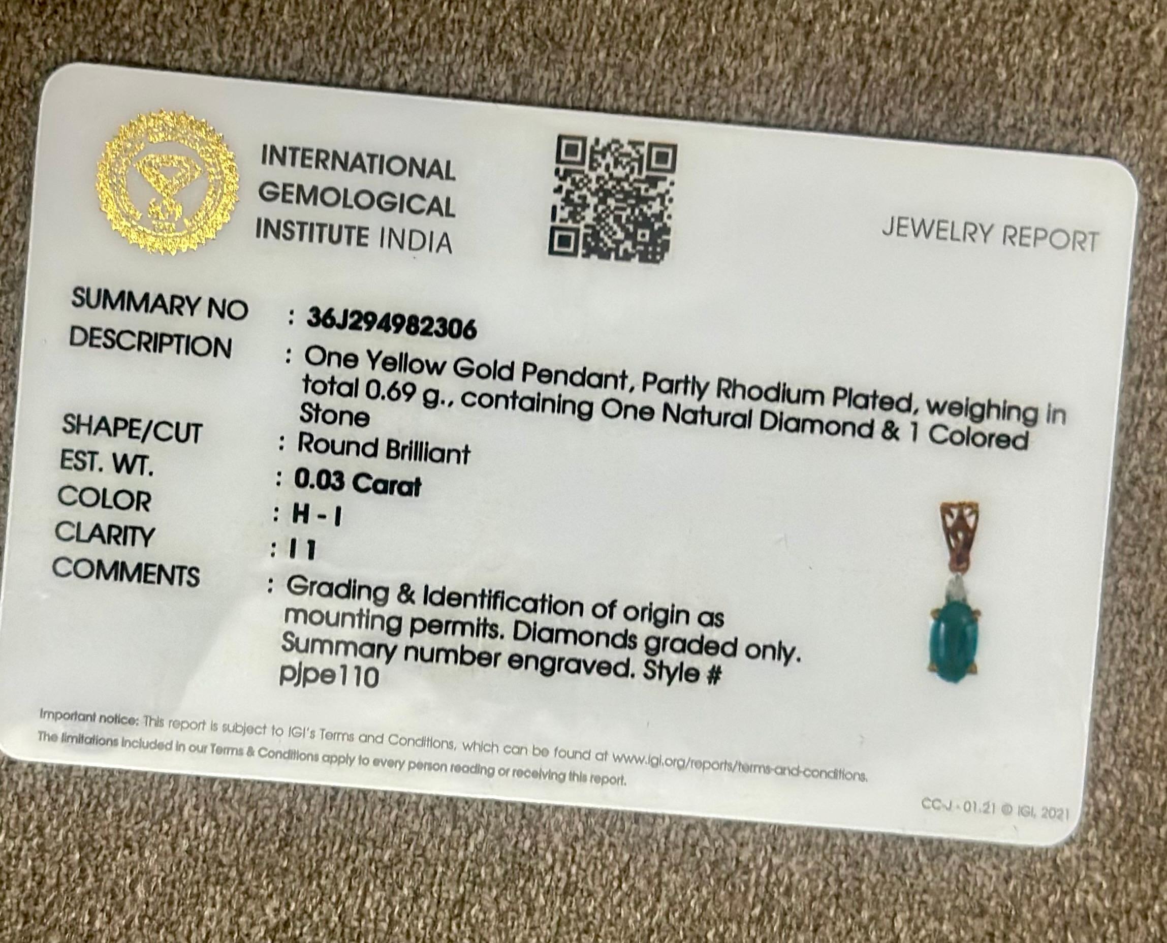 IGI Certified Natural Diamond cabochon Emerald Diamond Hallmark 18K Gold Pendant For Sale 4