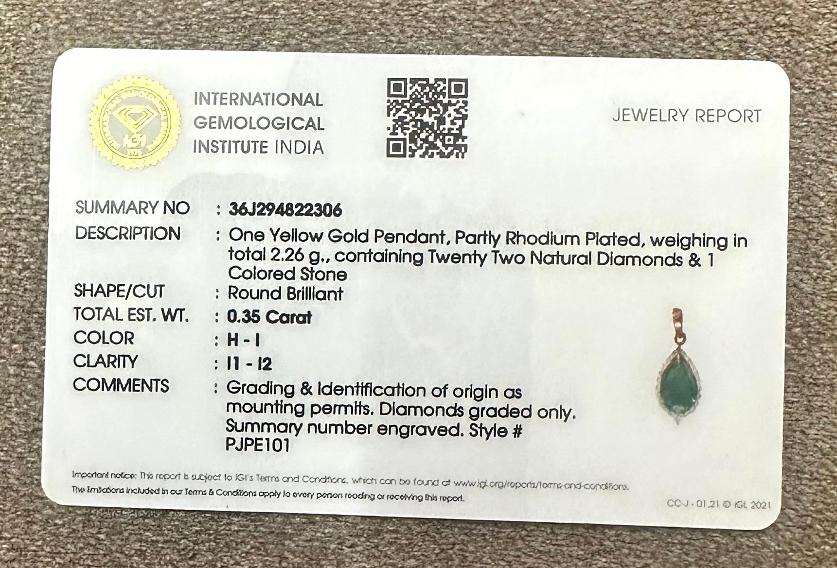 IGI Certified Natural Diamond Emerald Pendant 18K Gold Drop Pendant Necklace For Sale 3
