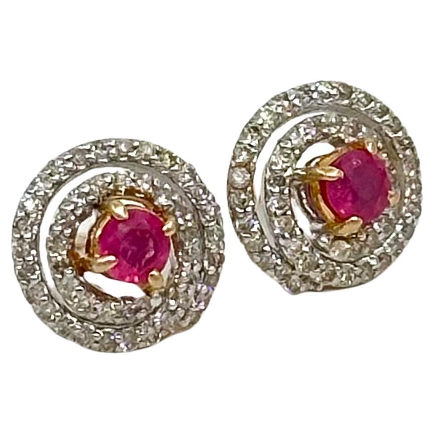 IGI certified Natural ruby brilliant cut diamond 14K gold stud round earrings For Sale