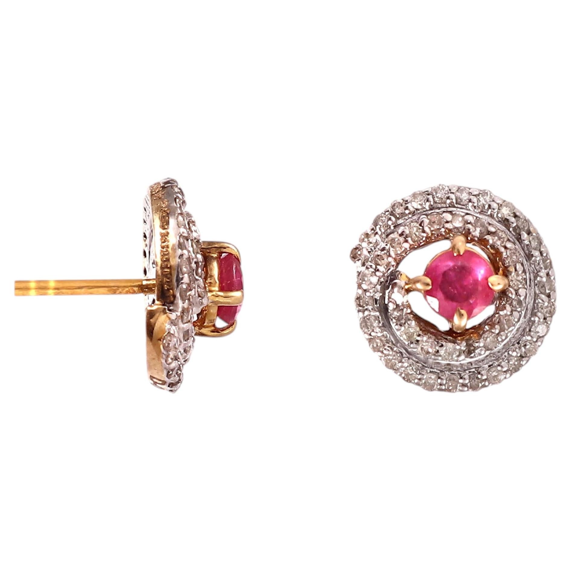 Orecchini rotondi in oro 14K con diamante taglio brillante e rubino naturale certificato IGI