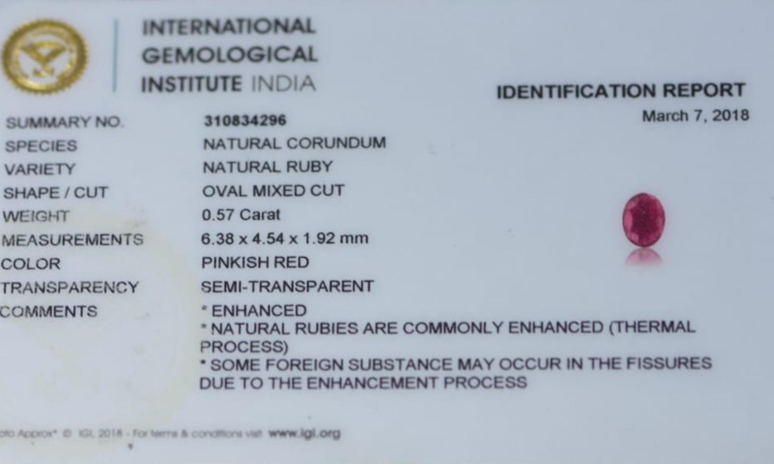 IGI Certified Natural Ruby of 0.57 Carat In New Condition For Sale In Vadgam, GJ