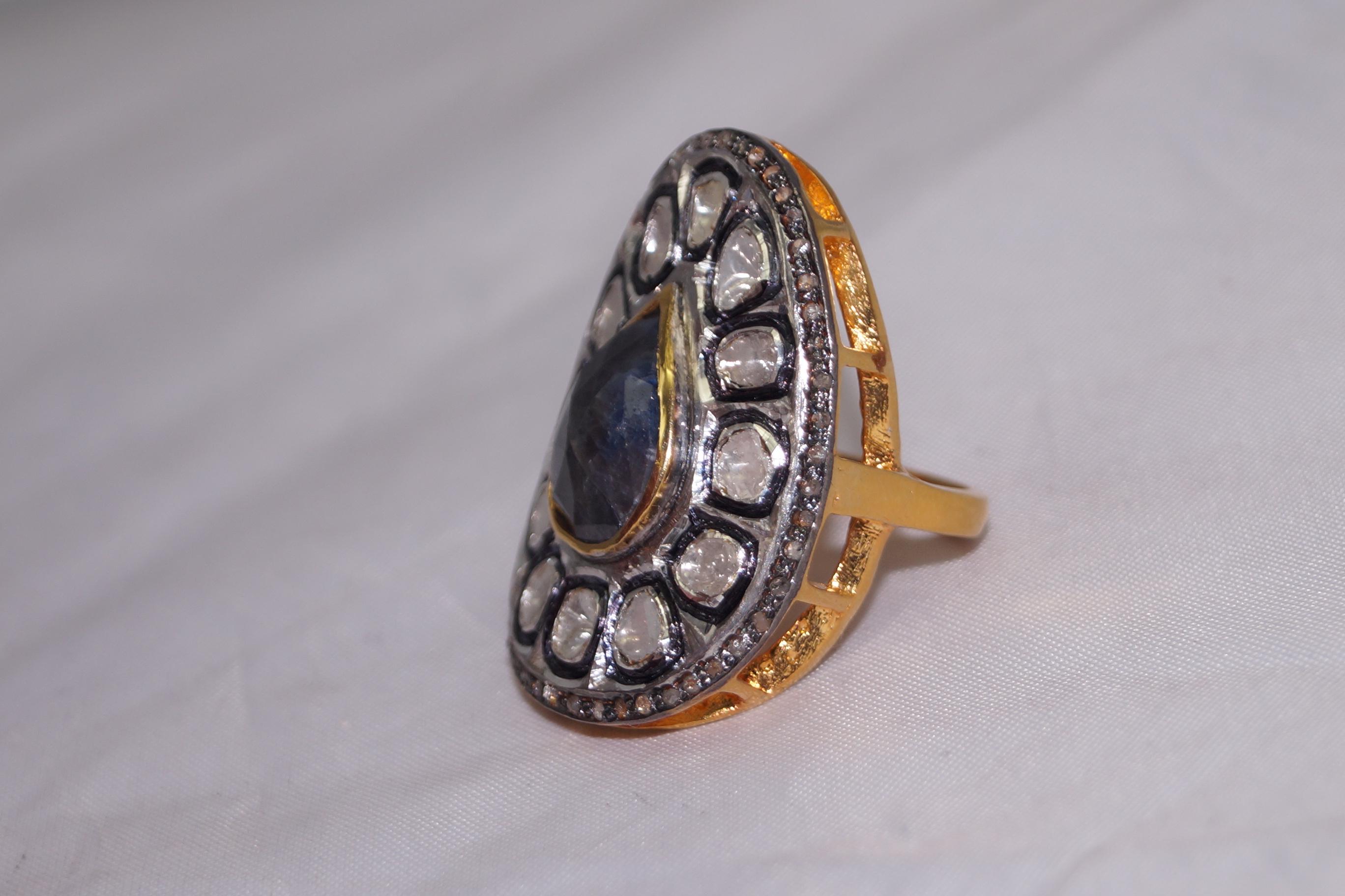 Rose Cut IGI Certified Natural uncut rose cut Diamond sterling silver blue sapphire Ring For Sale