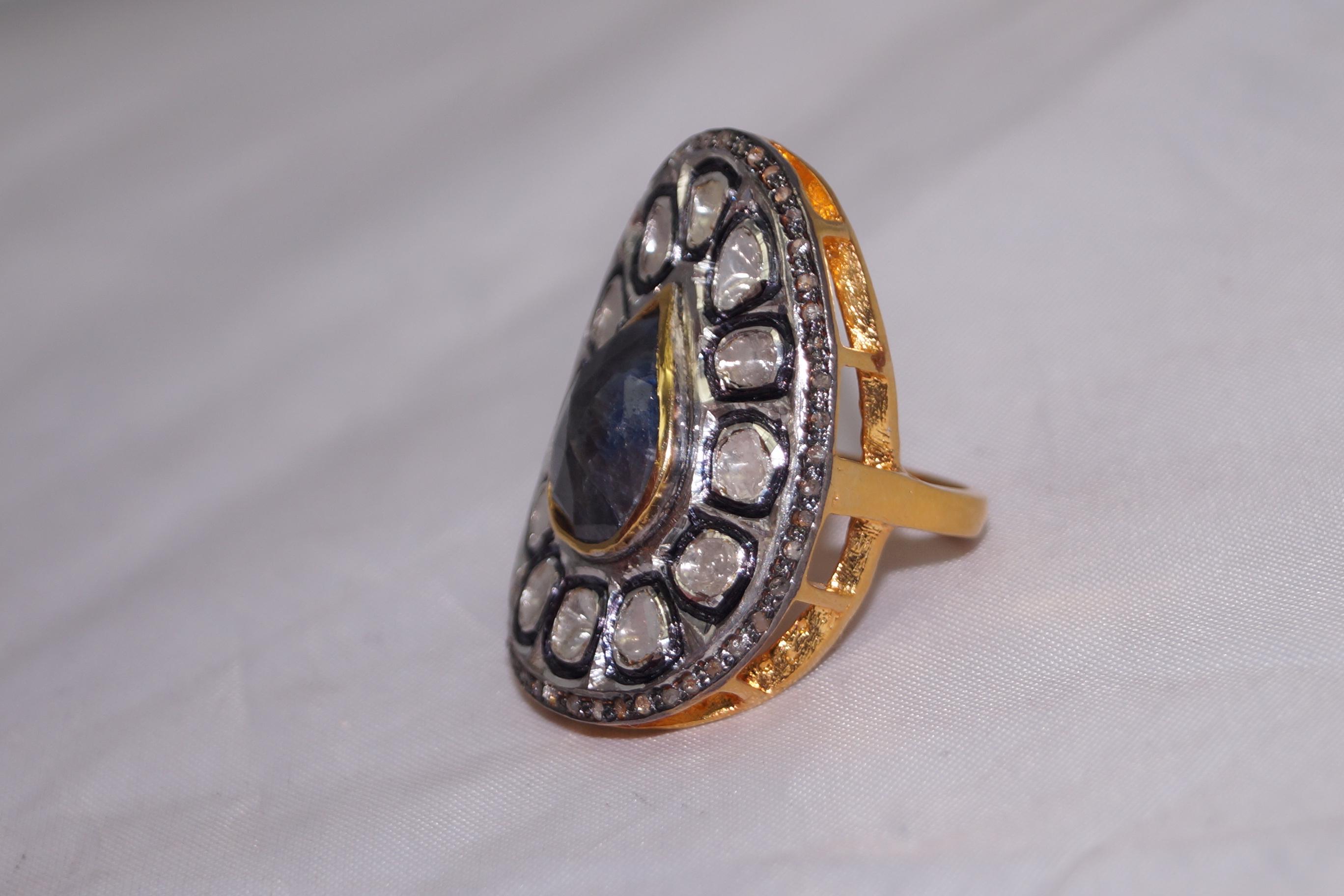 Taglio a rosa Anello con zaffiro blu in argento 925 certificato IGI Nature taglio rosa non tagliato con diamante in vendita