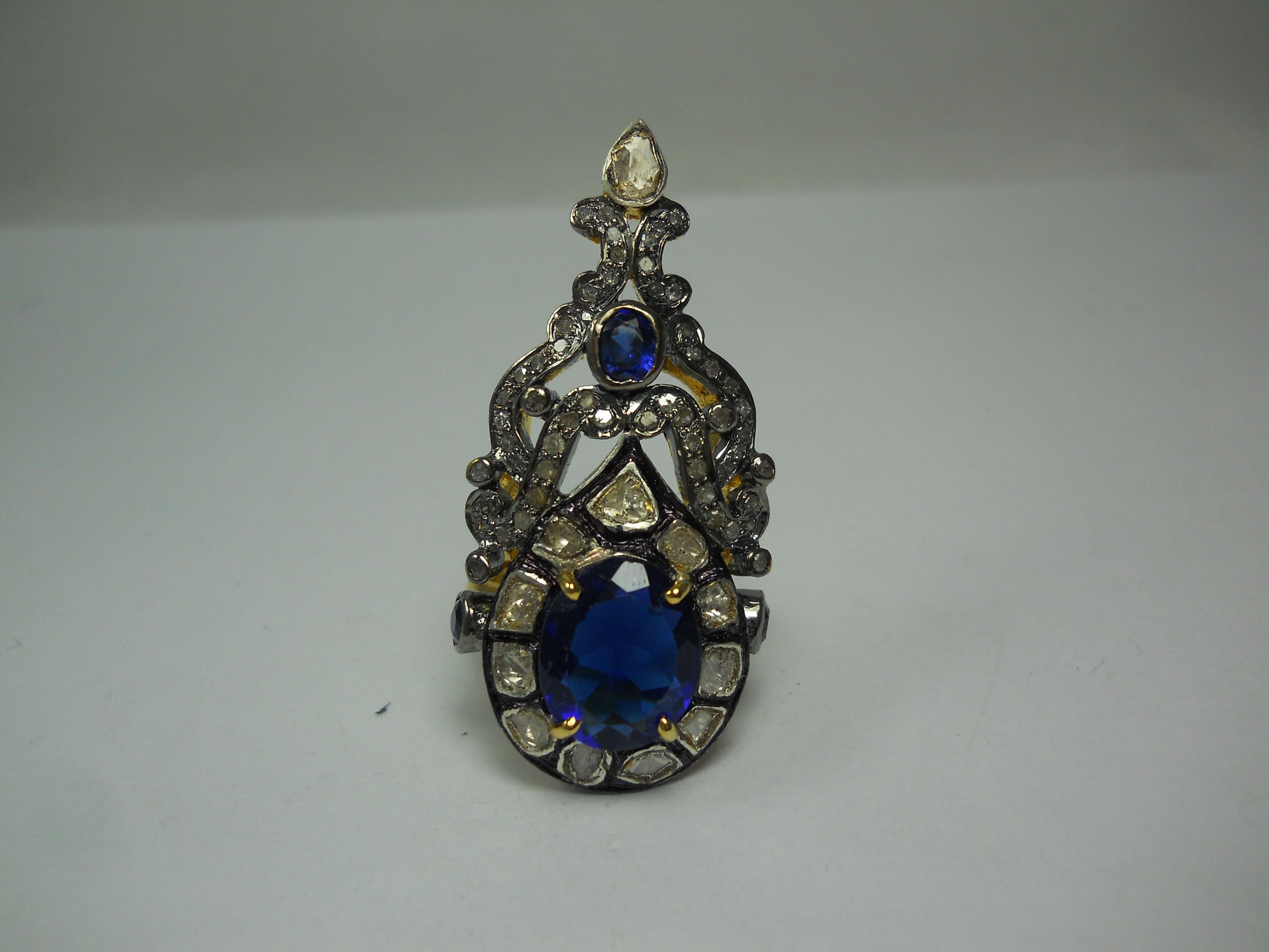 IGI Certified Natural uncut rose cut Diamond sterling silver blue sapphire Ring In New Condition For Sale In Delhi, DL