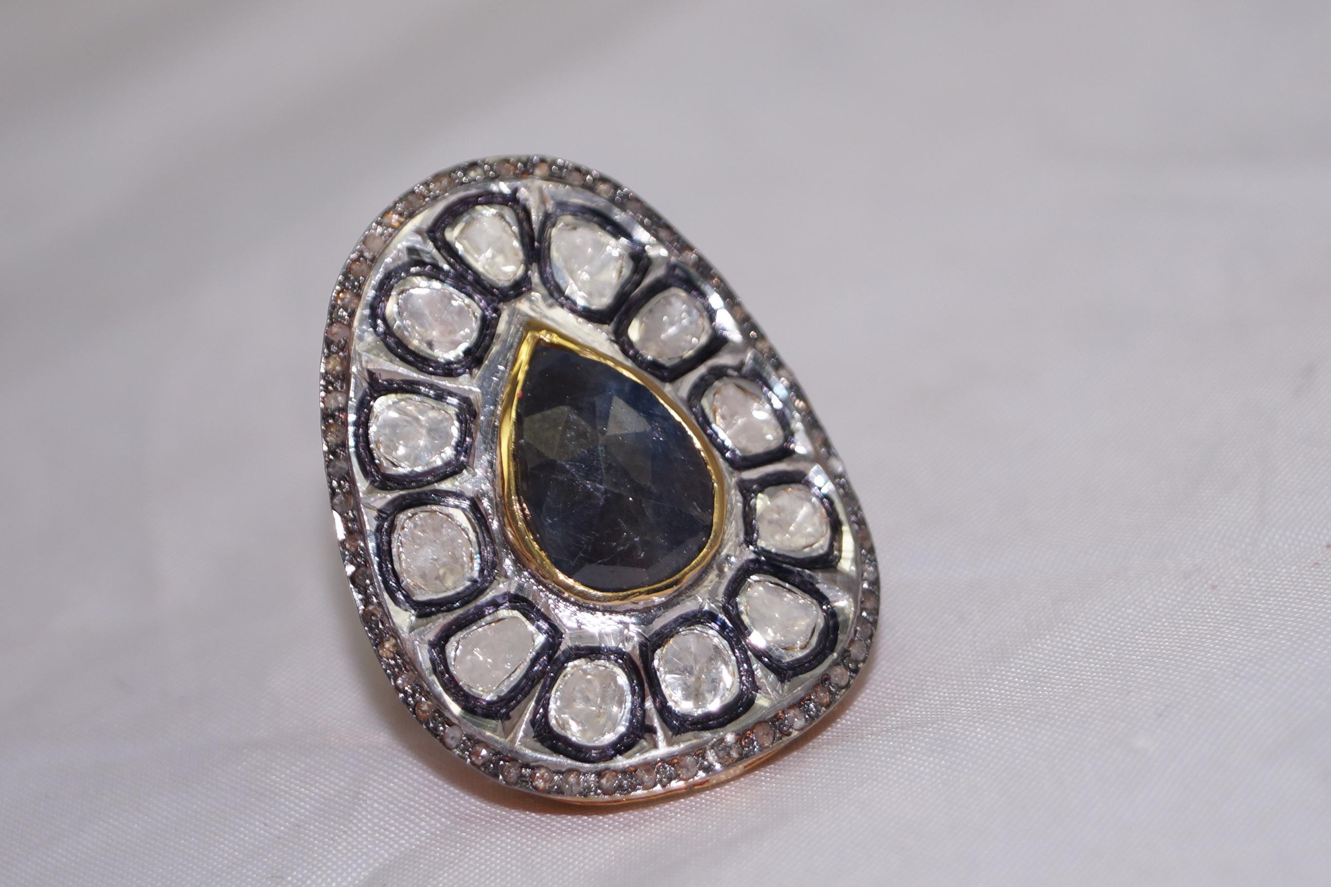 Donna Anello con zaffiro blu in argento 925 certificato IGI Nature taglio rosa non tagliato con diamante in vendita