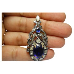 IGI Certified Natural uncut rose cut Diamond sterling silver blue sapphire Ring