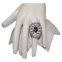 IGI Certified Natural uncut rose cut Diamond sterling silver blue sapphire Ring
