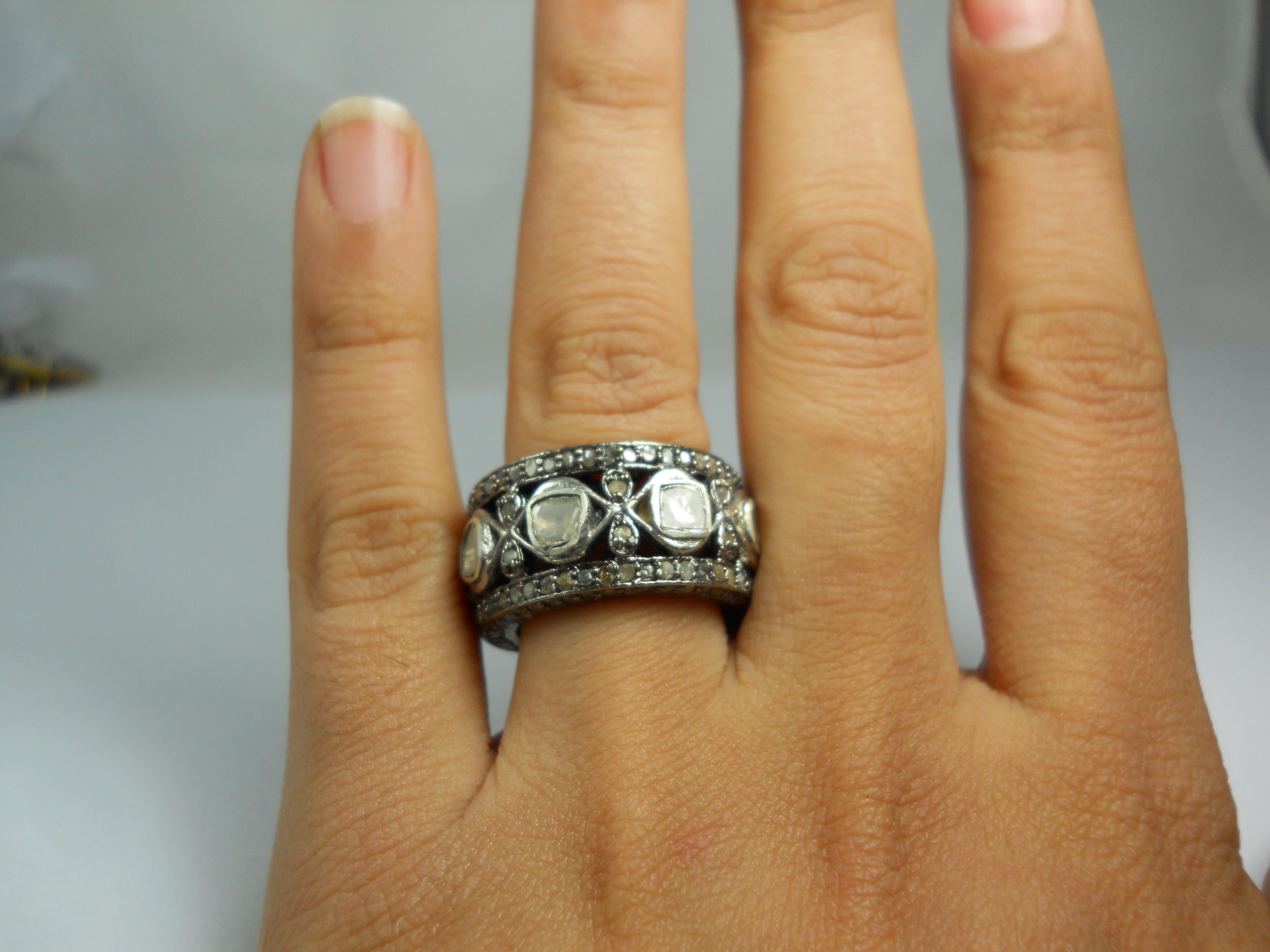 IGI Certified Natural uncut rose cut Diamond sterling silver eternity band Ring Pour femmes en vente