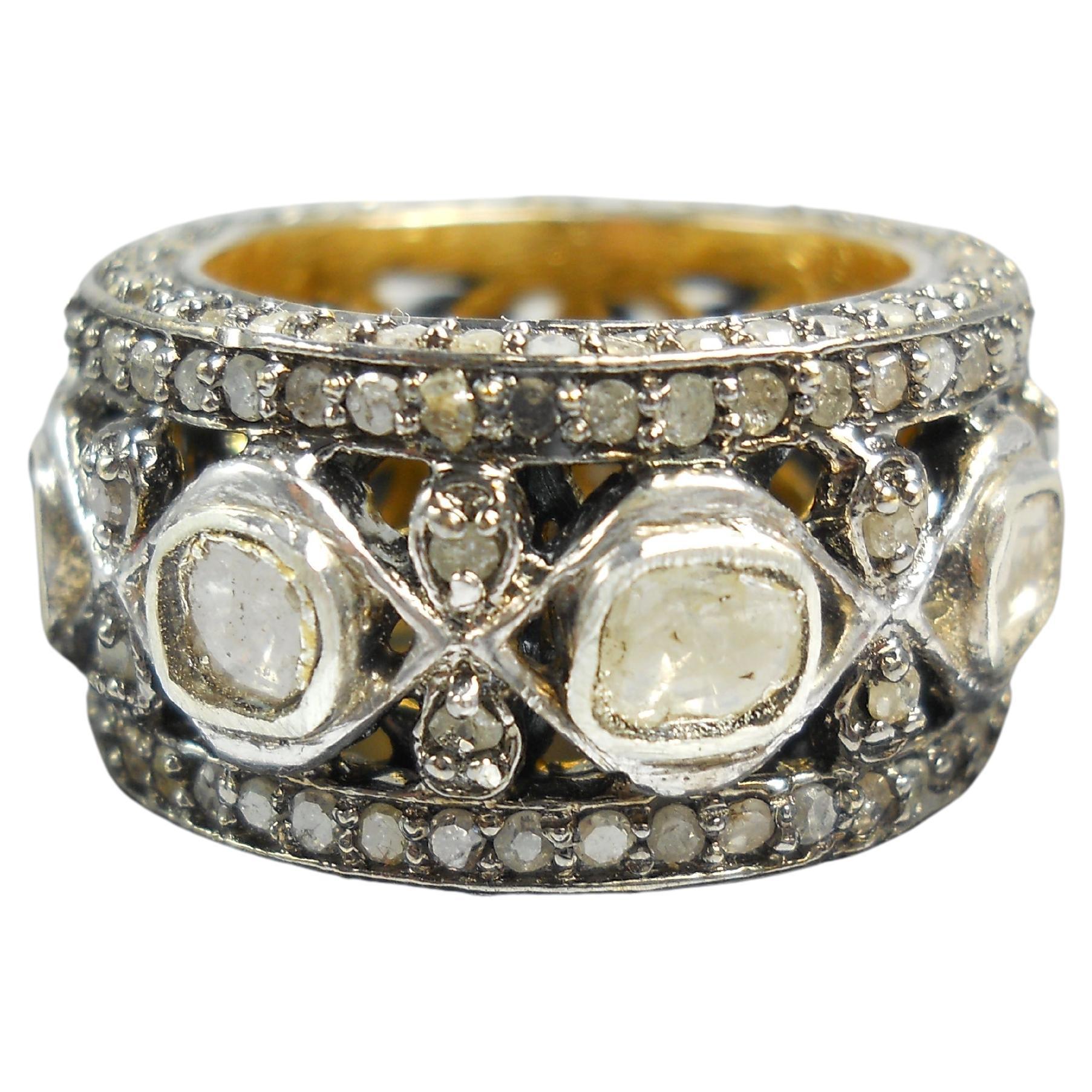 IGI Certified Natural uncut rose cut Diamond sterling silver eternity band Ring en vente