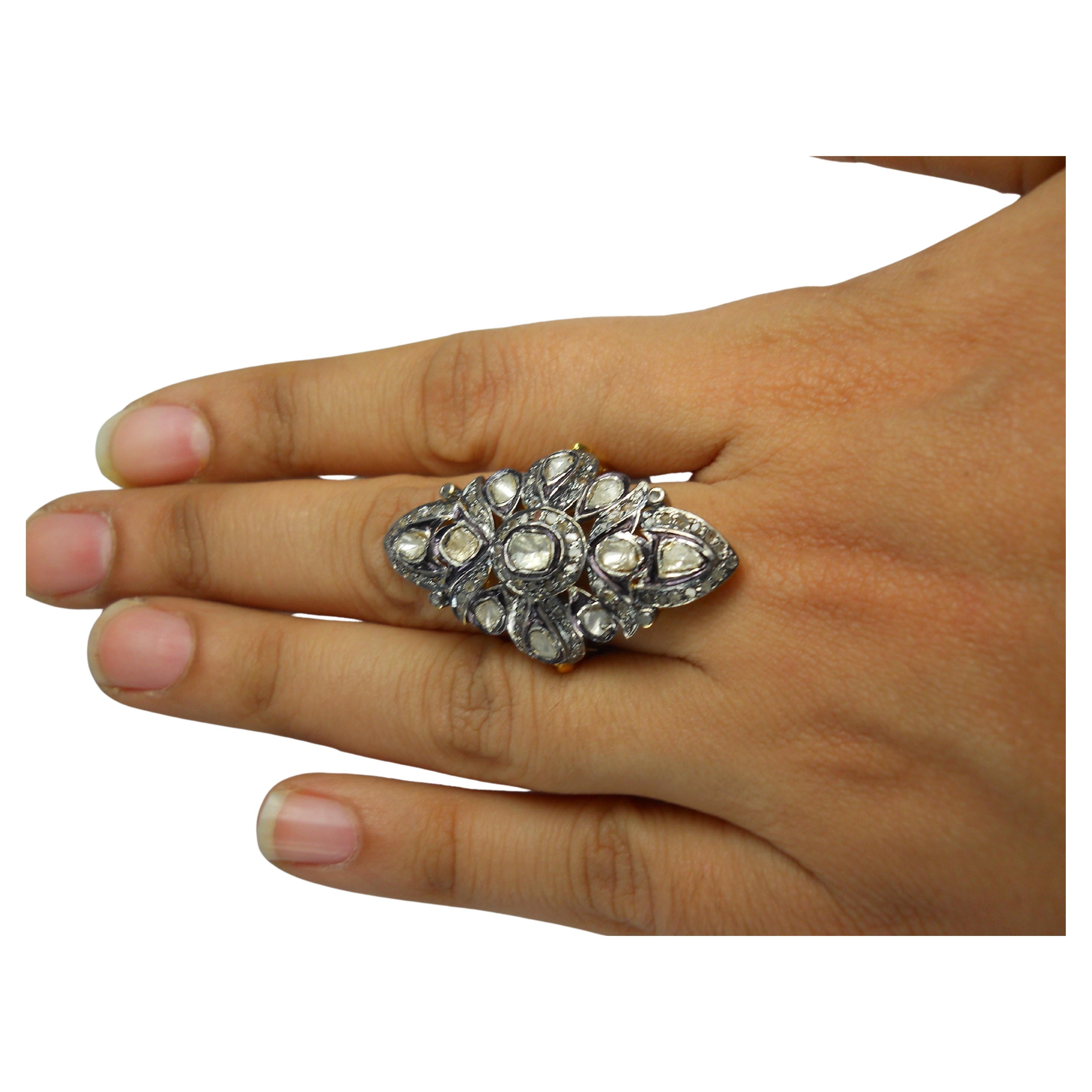 IGI Certified Natural uncut rose cut Diamond sterling silver Statement Ring (Bague de déclaration en argent sterling) en vente 1