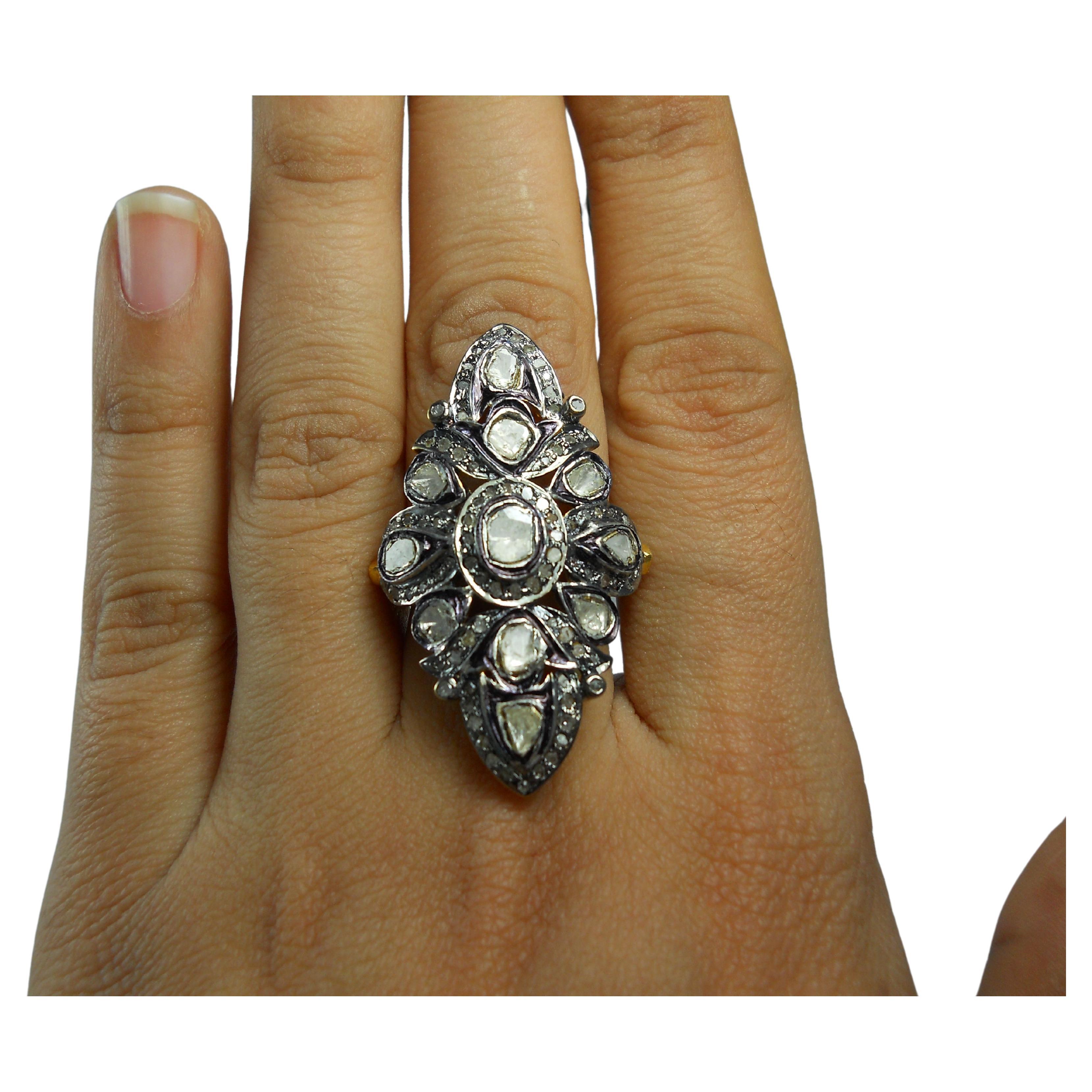 IGI Certified Natural uncut rose cut Diamond sterling silver Statement Ring (Bague de déclaration en argent sterling) en vente