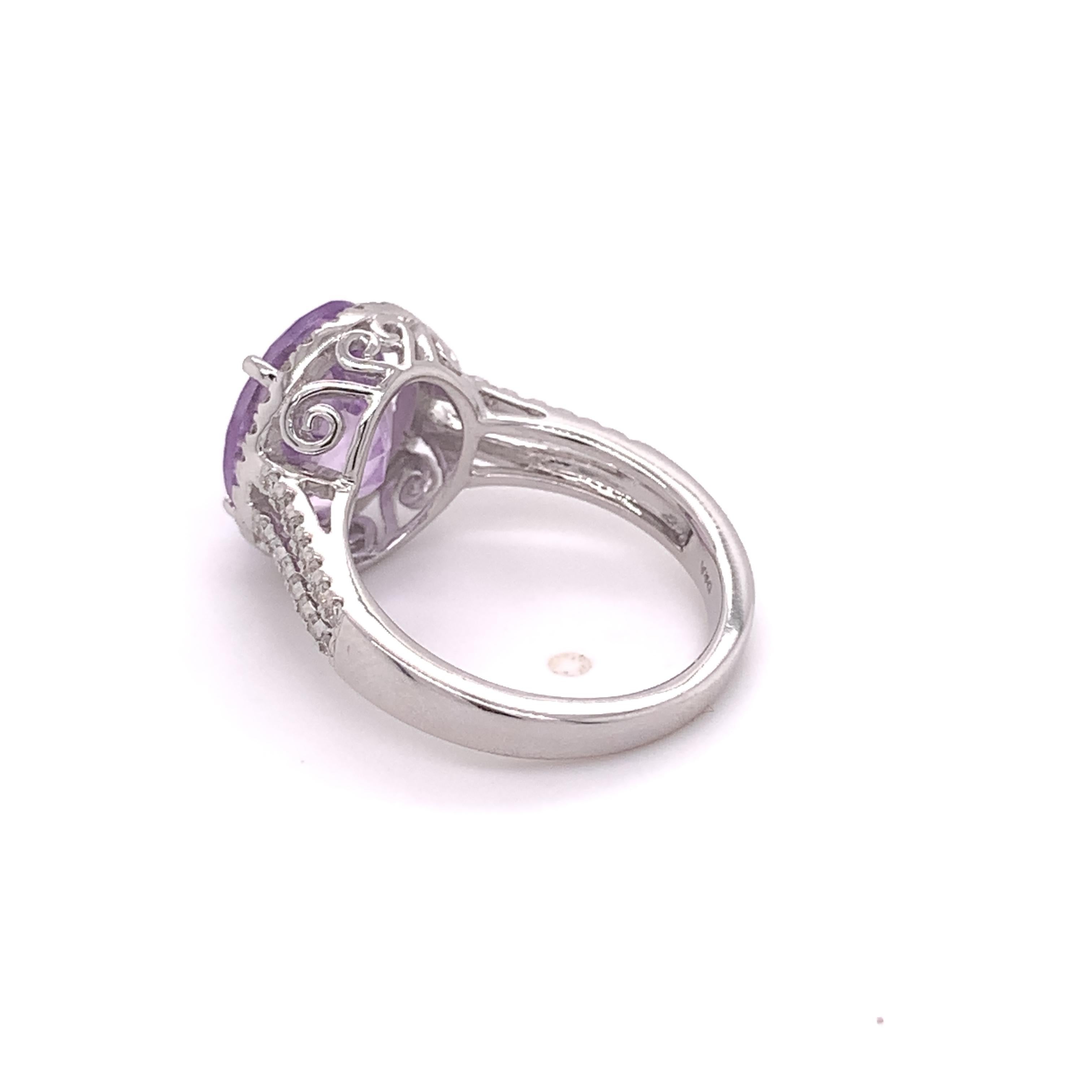 Modern IGI Certified Oval Amethyst and Diamond 14k White Gold Halo Ring For Sale