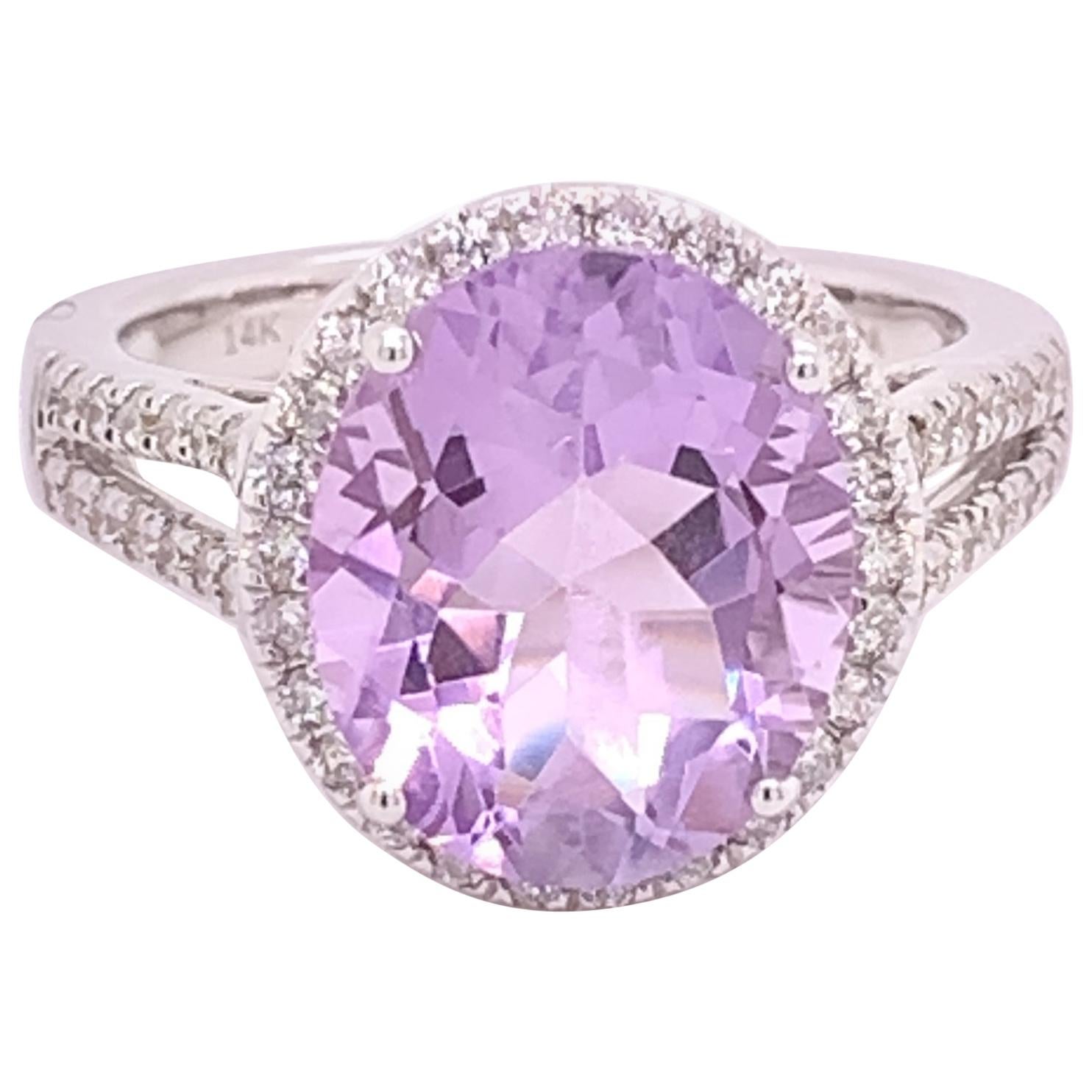 IGI Certified Oval Amethyst and Diamond 14k White Gold Halo Ring For Sale