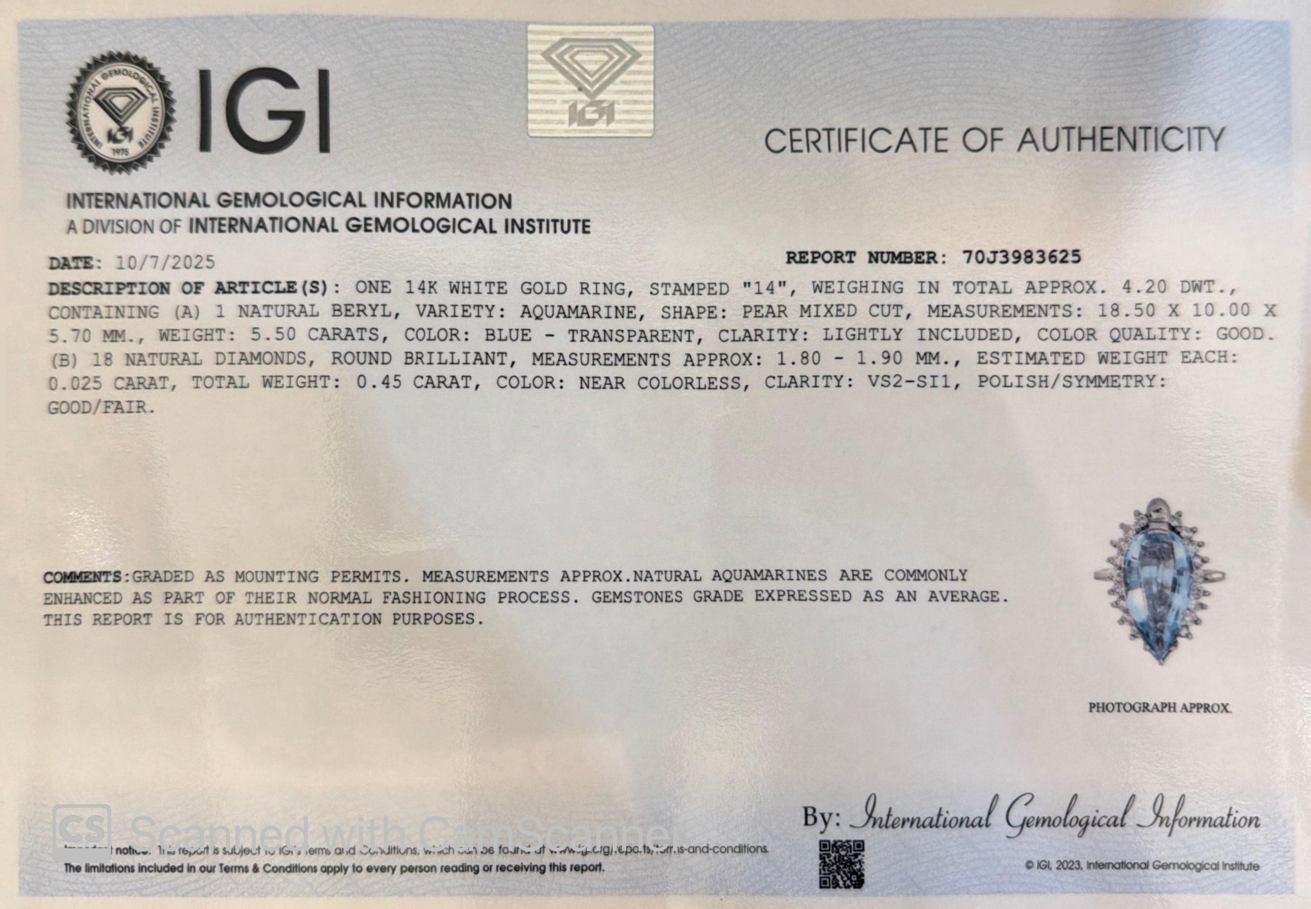 IGI zertifiziert Paolo Costagli 5,50 CT blau Aquamarin Diamant 14K Weißgold Ring im Angebot 16