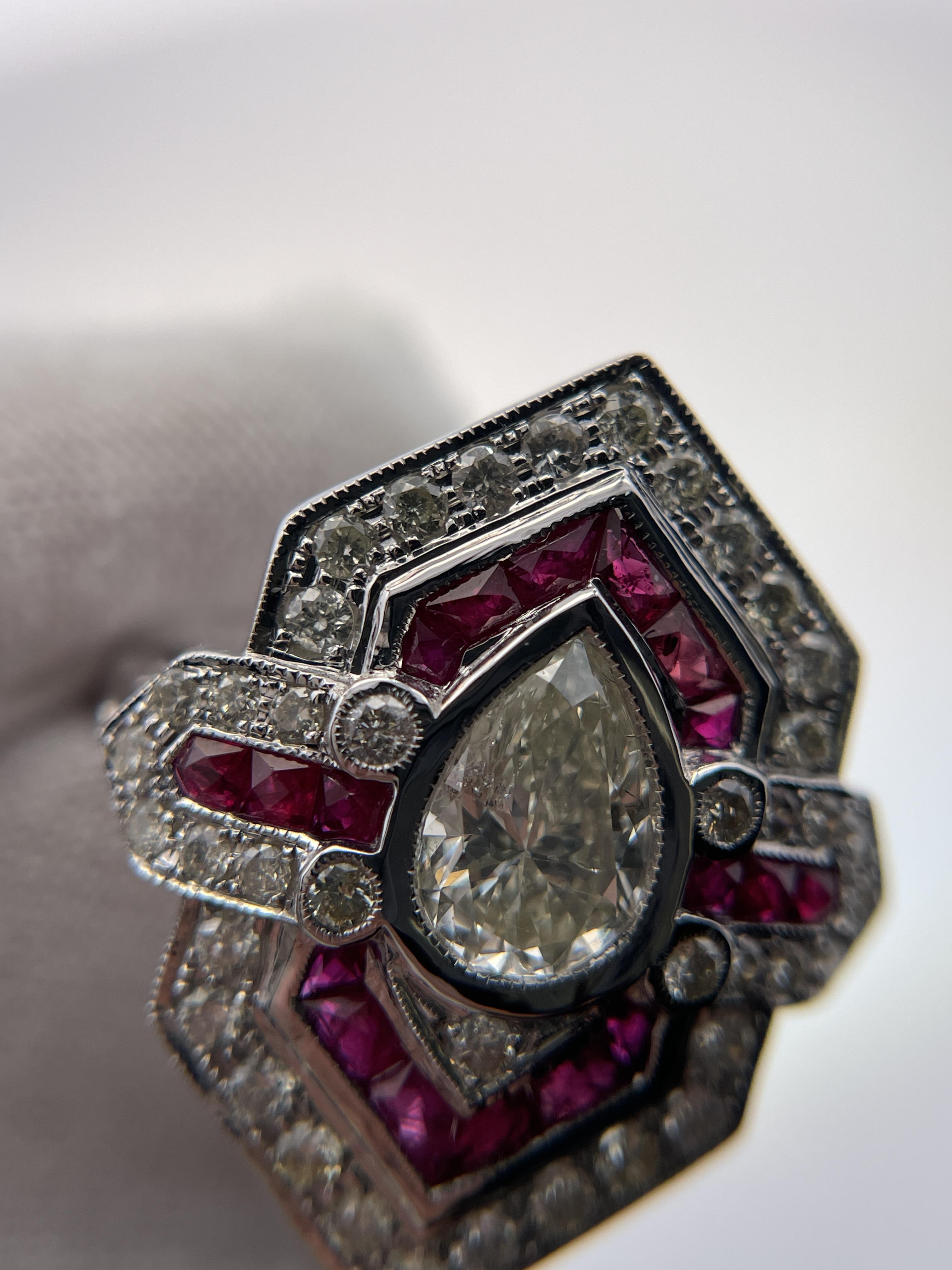 IGI Certified Pear Diamond and Ruby 18k White Gold Ring For Sale 5